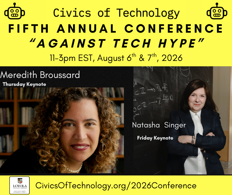 A poster for the fifth annual civics of technology conference, which includes photographs of the two keynote speakers: Meredith Broussard and Natasha Singer