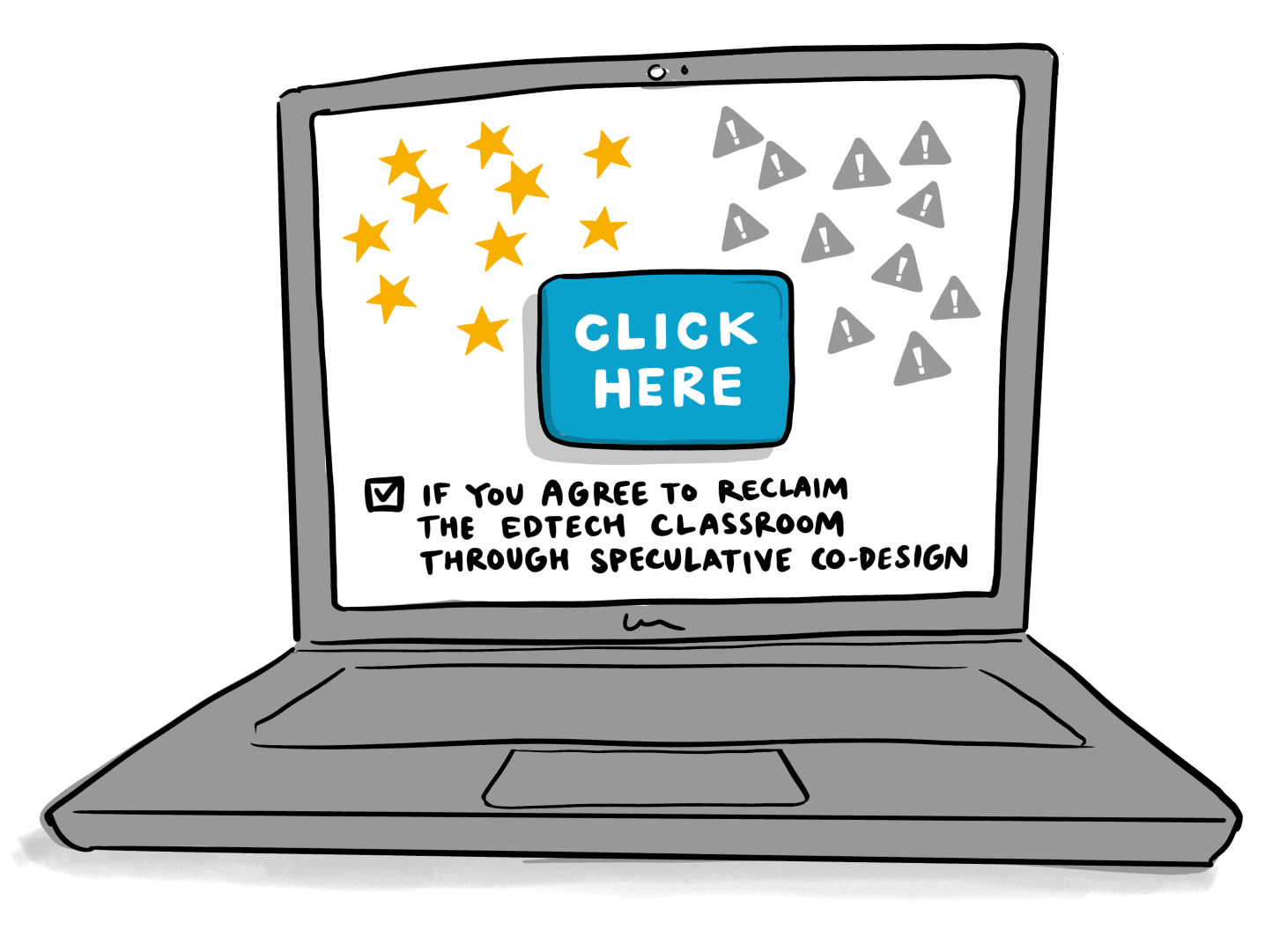 A computer with a screen showing a click here  AI-generated content may be incorrect.