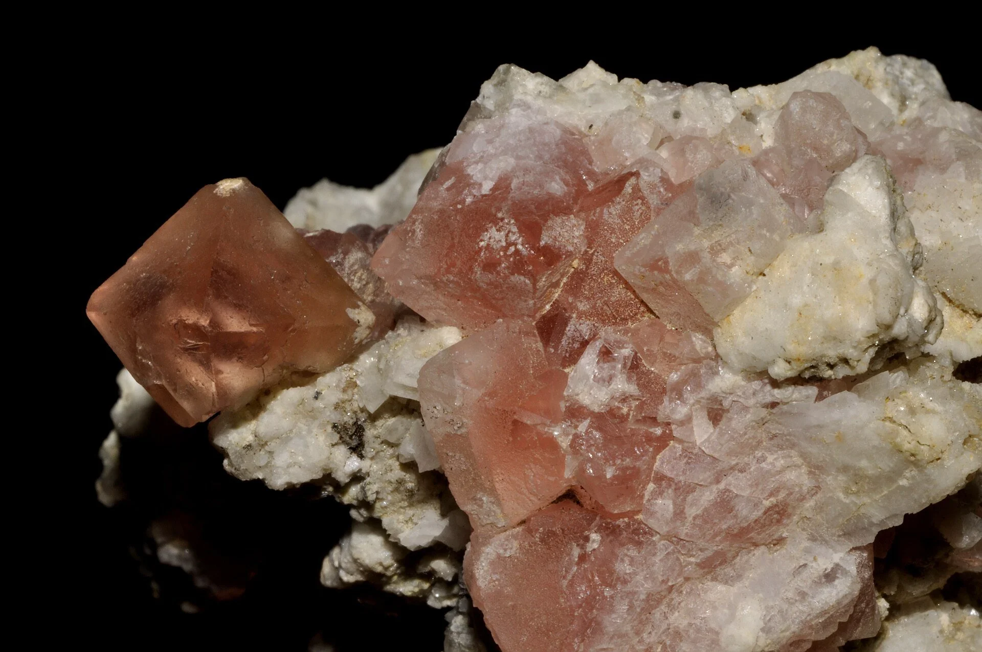 Pink and white fluorite crystals on a dark background.