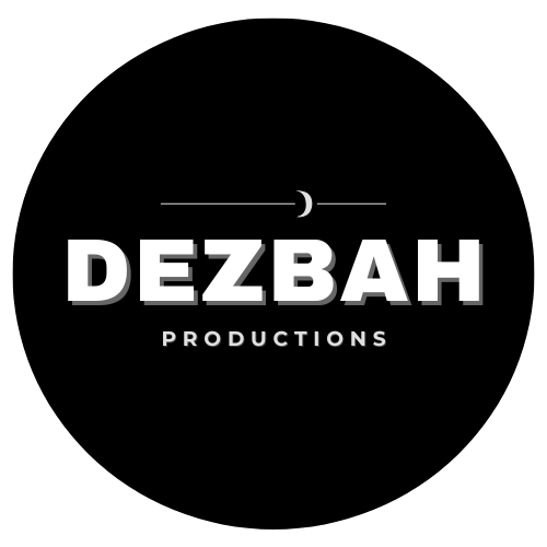 Logo for Dezbah Productions by filmmaker Regina Simons,  white text on a black background and a crescent moon graphic.