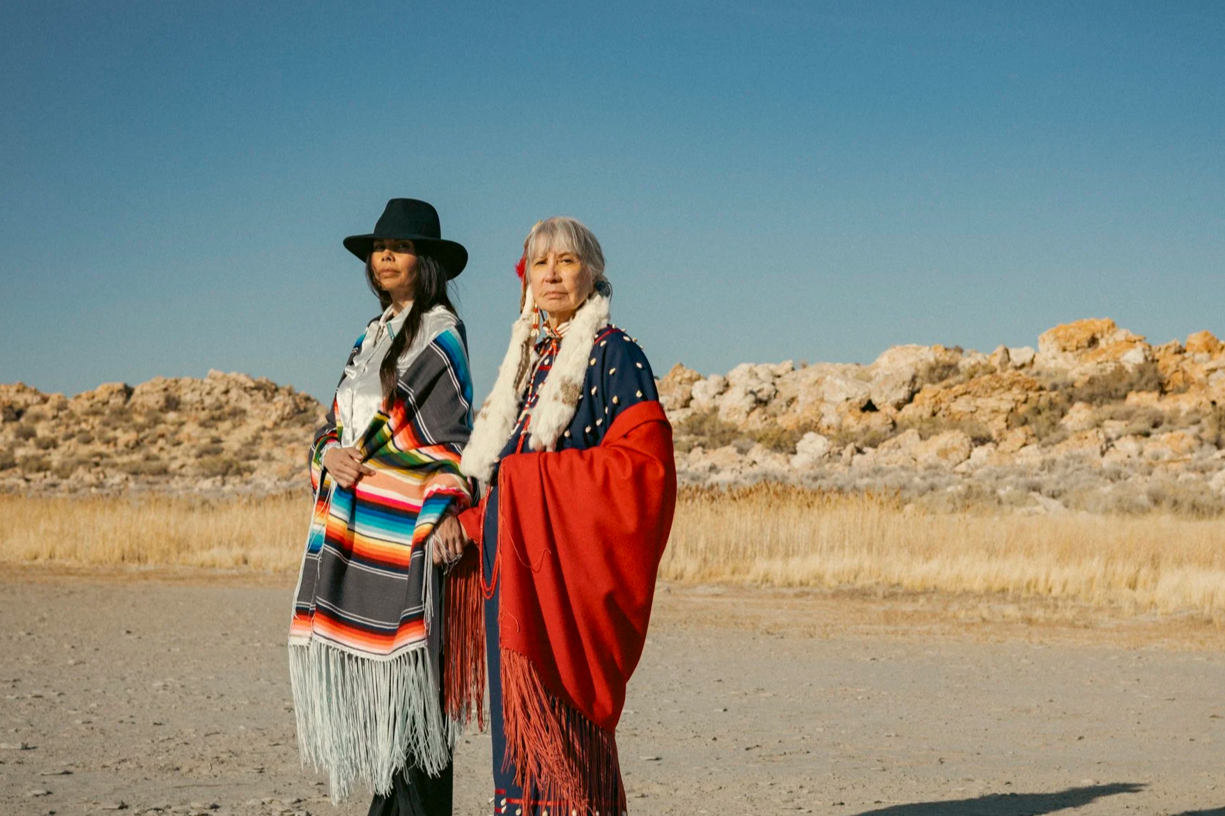 Regina Dezbah Simons and Betty Simons on location for the film, GREY. Antelope Island, Utah