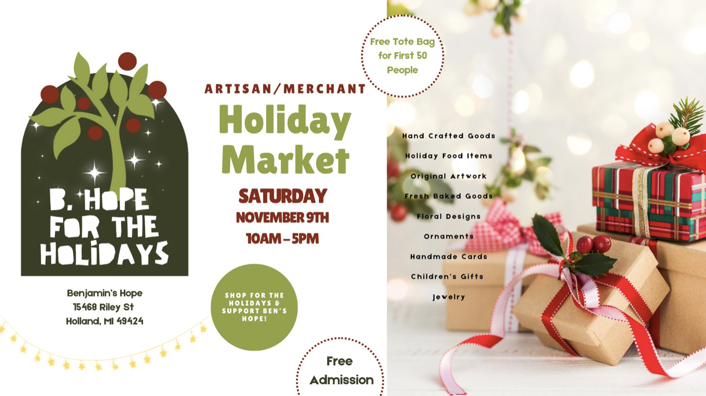 Flyer for a holiday market event featuring a Christmas tree illustration on the left and wrapped presents with holiday decorations on the right. The text includes event details, date, time, and a list of items available.