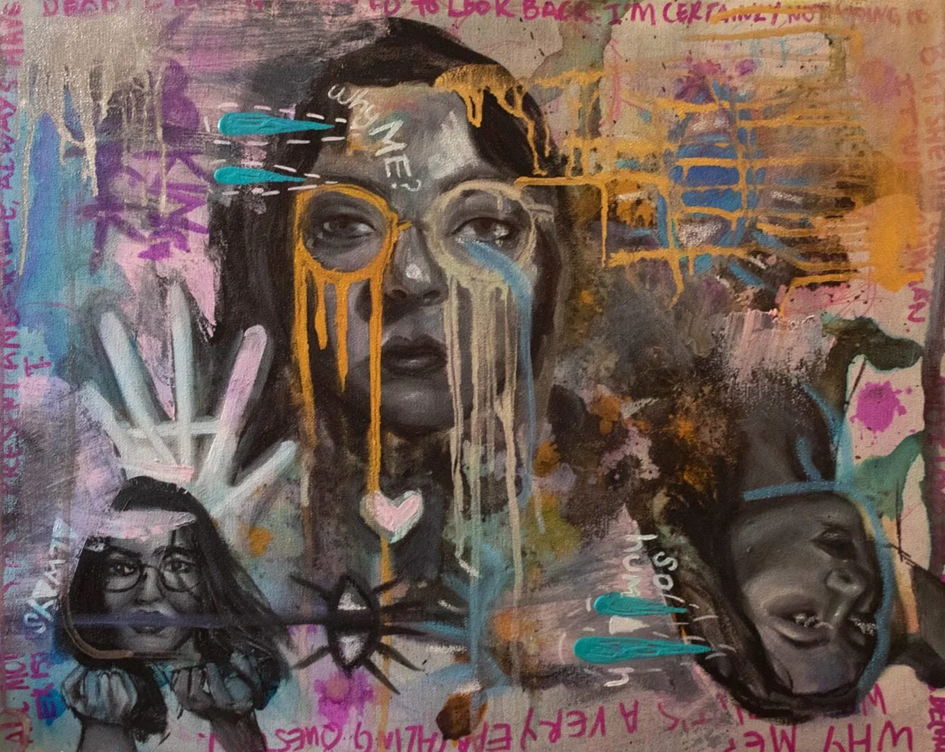 human question. Acrylic, ink, watercolor, oil pastel, spray paint, 2020.
