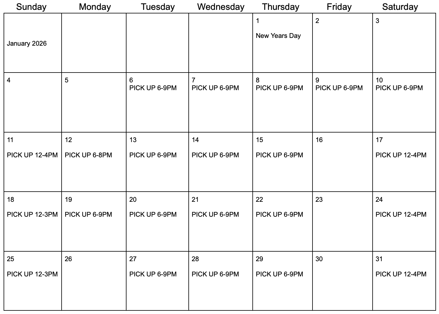 A January 2026 calendar displaying pick-up times on various days, with specific hours listed for each date.