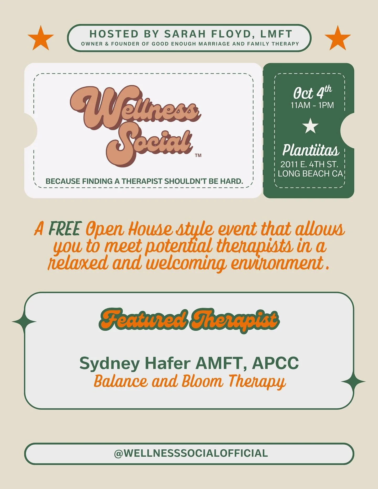 📣Your October Wellness Social Roster has officially dropped!!

Please welcome Sydney Hafer from @balance.and.bloom 

Come meet a Therapist in person for FREE on October 4th @plantiitas 11am-1pm and step confidently into Autumn 2025! 

Because findin