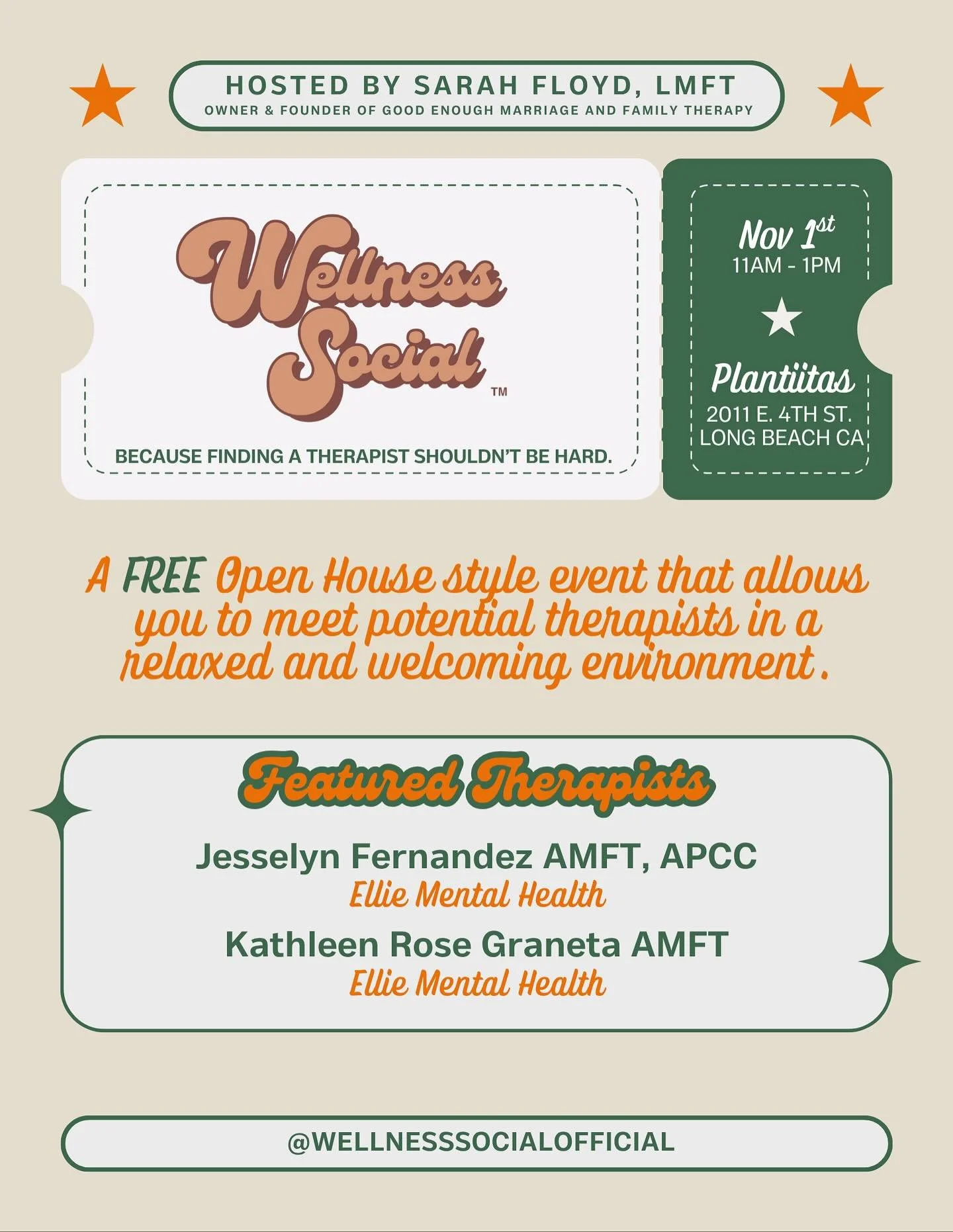 Your November Therapist Line-Up has DROPPED!!

Come and meet Jesselyn and Kathleen @plantiitas on November 1st Long Beach!!!

And follow them TODAY to stay connected🫶🏽

Because finding a Therapist shouldn&rsquo;t be hard.

#Blacktherapist #queerthe