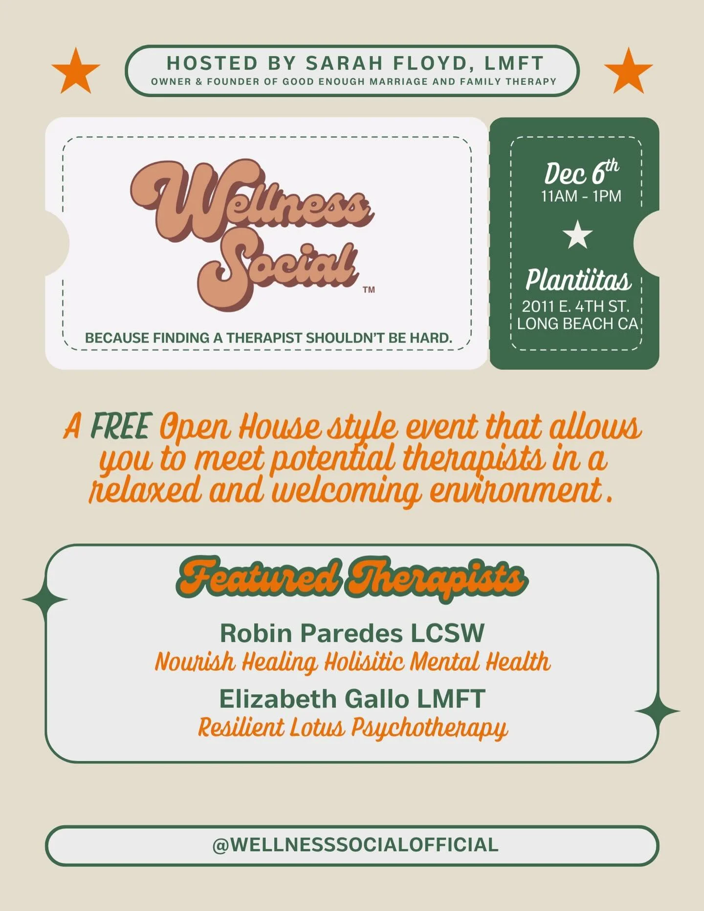 YOUR FINAL WELLNESS SOCIAL OF 2025 IS THIS SATURDAY!

And we cannot wait for you to meet our two Spotlit Therapists!

So come on out to Plantiitas, meet a couple Therapists IRL, and check off your Community Care box for the remainder of the year!

Be