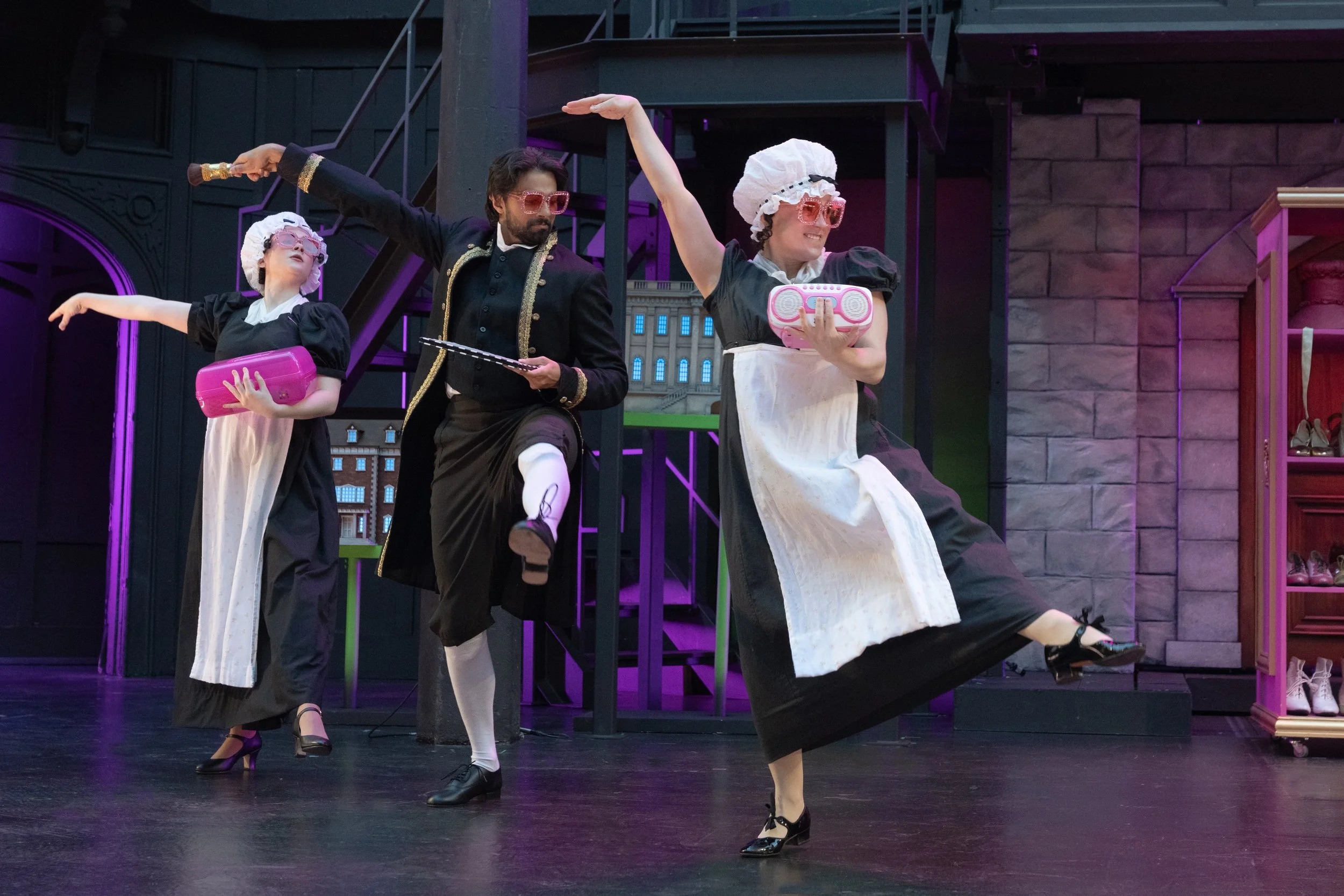 As see in the New York Times, Nathan Karnik, Kiki DeLohr and Rhea Bradley dancing as Servants in Oregon Shakespeare Festival's production of Emma; Directed by Meredith McDonough and Written by Kate Hamill