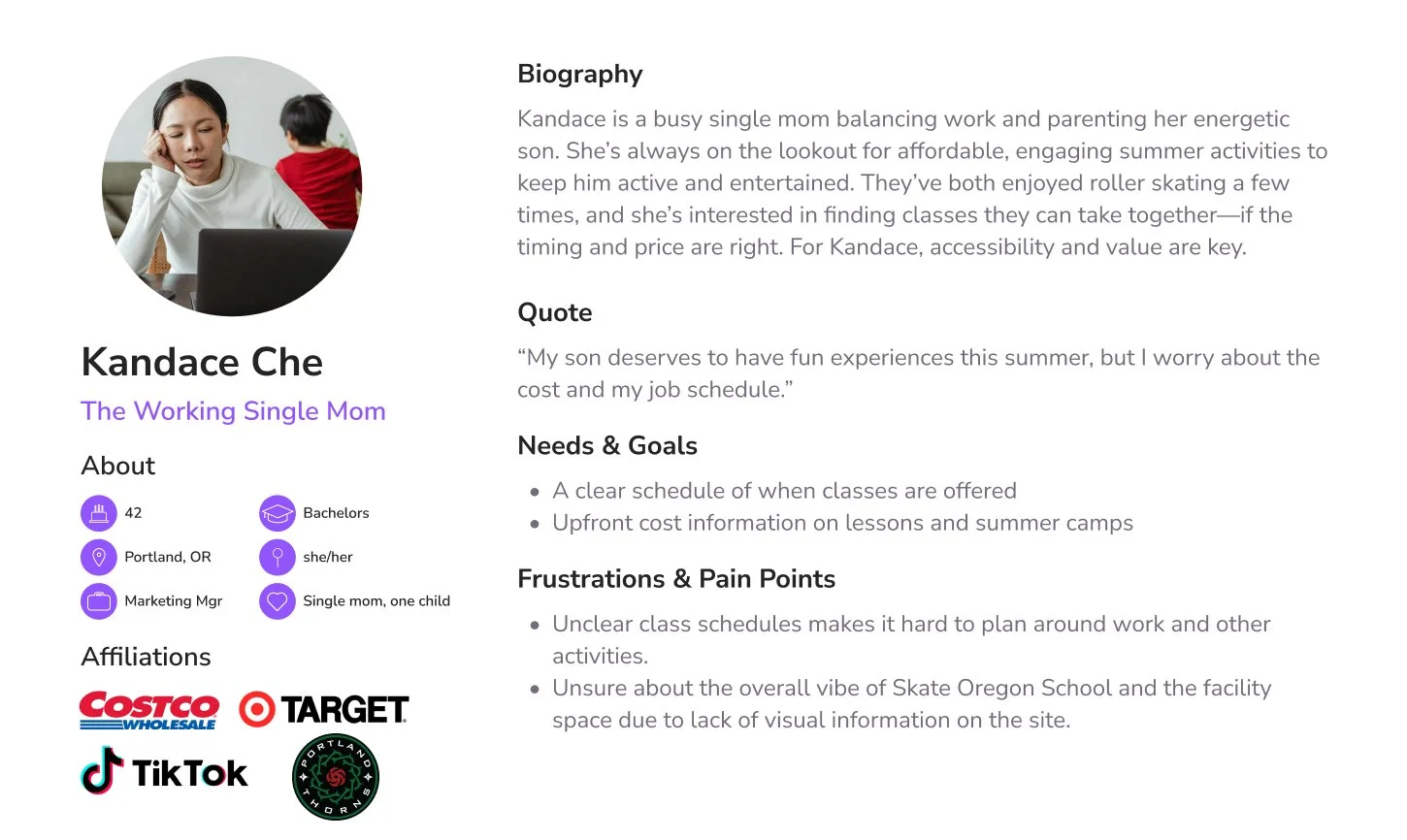 User persona 2 is Kandace, a busy mom looking for fun activities for her child that easily fits in with their schedule.