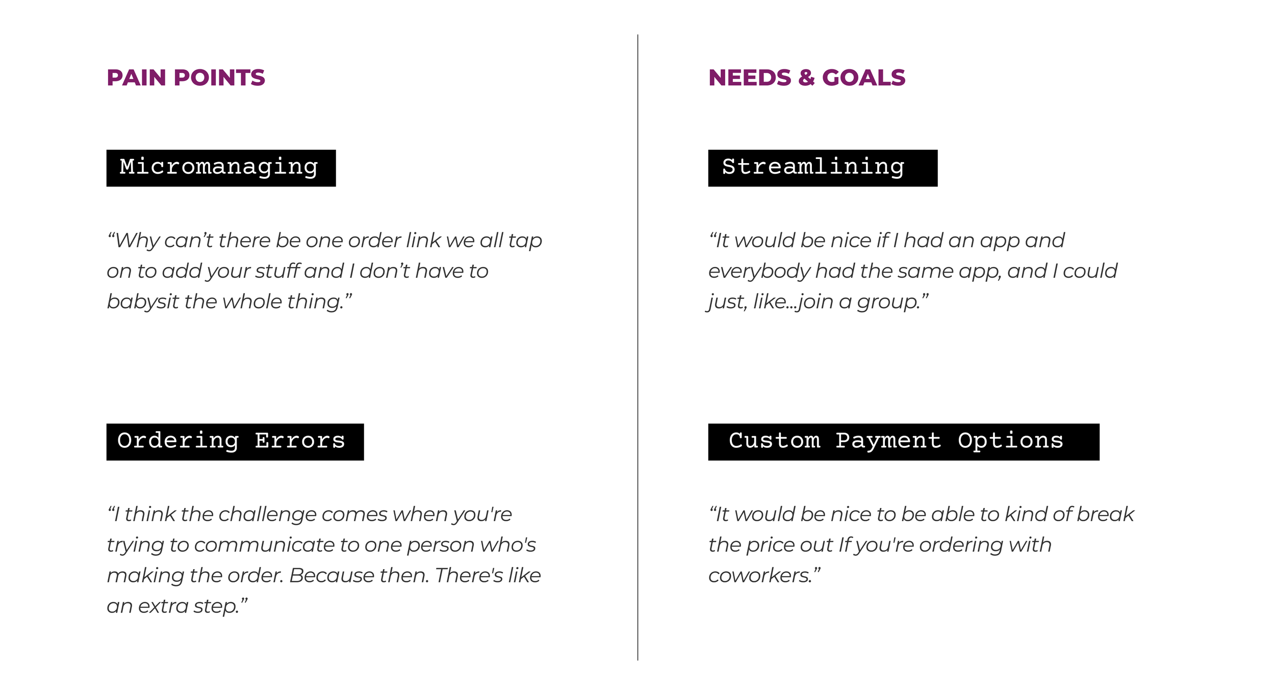 User pain points include micromanaging and ordering errors. User needs include streamlining ordering and custom payment options.