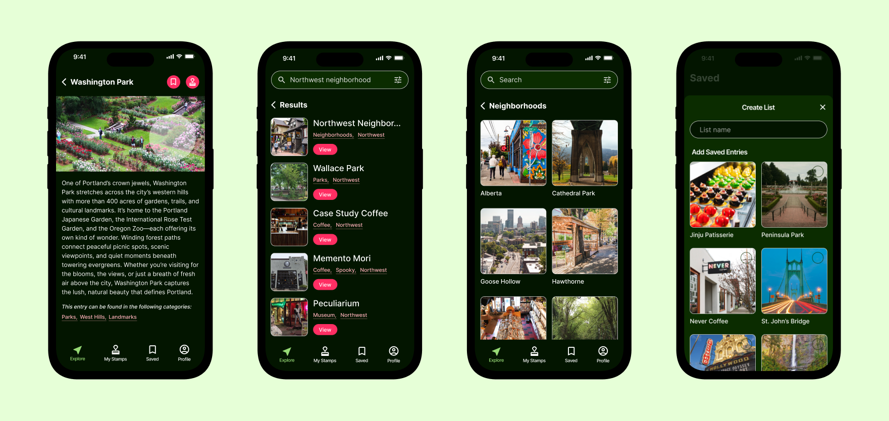 Four additional screens, including an entry for Washington Park, Search Results, Neighborhoods, and a "Create List" drawer.