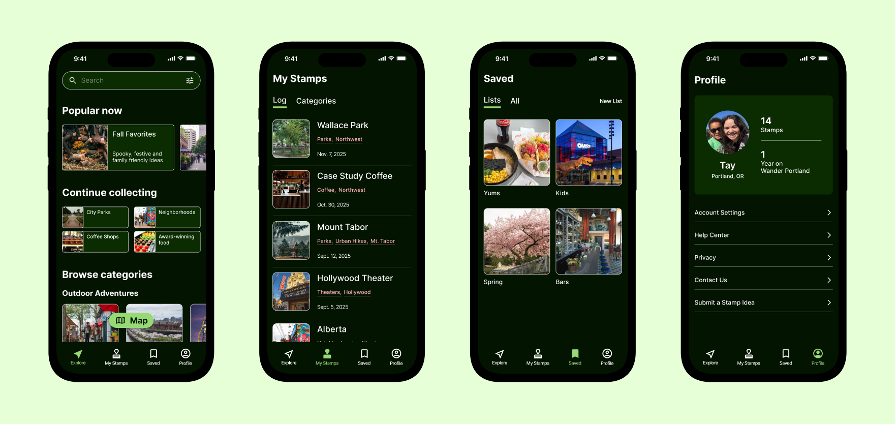 4 screenshots from the app: Explore page, My Stamps page, Saved page, and Profile page