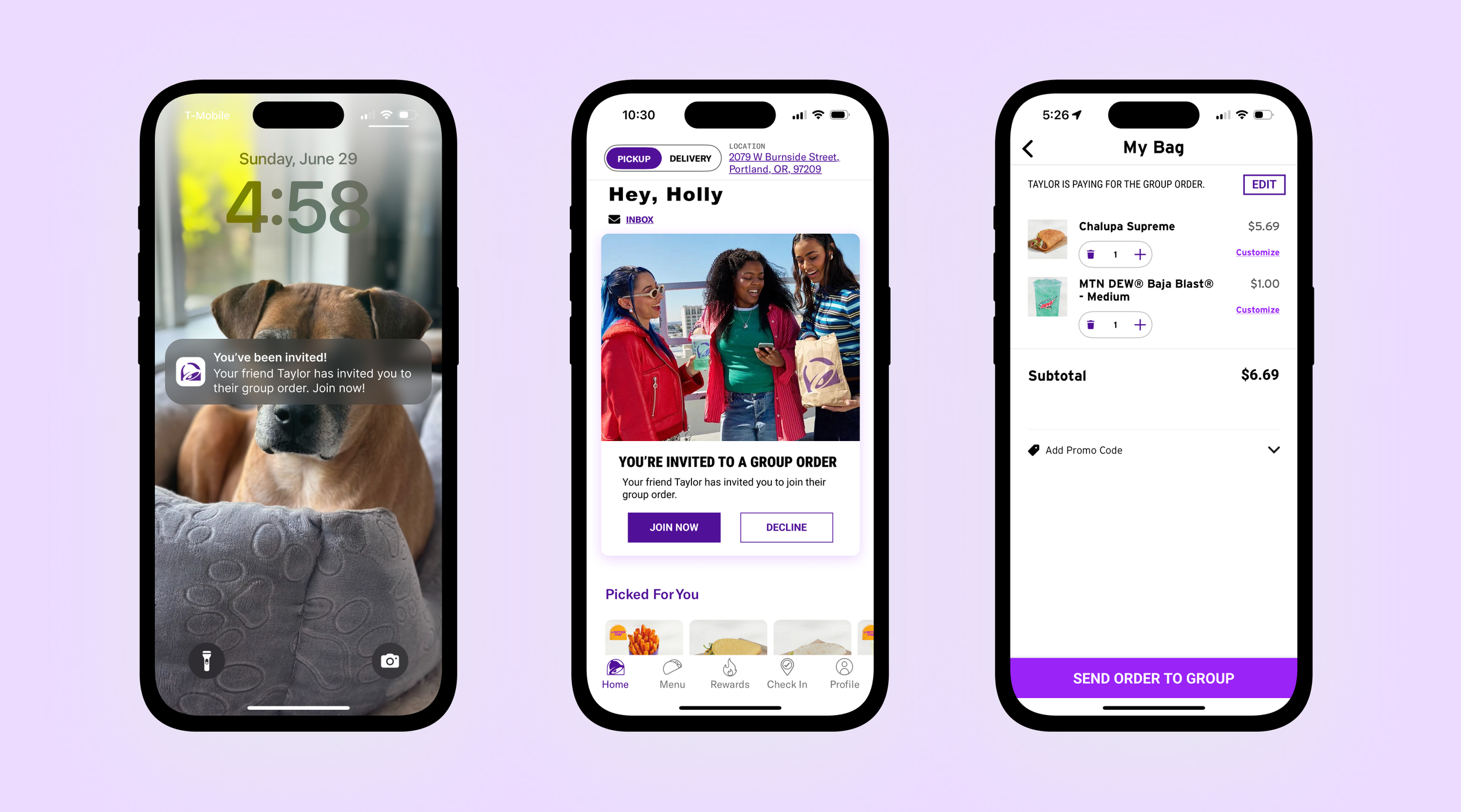 Three key screens for the user accepting the invite to the group order.