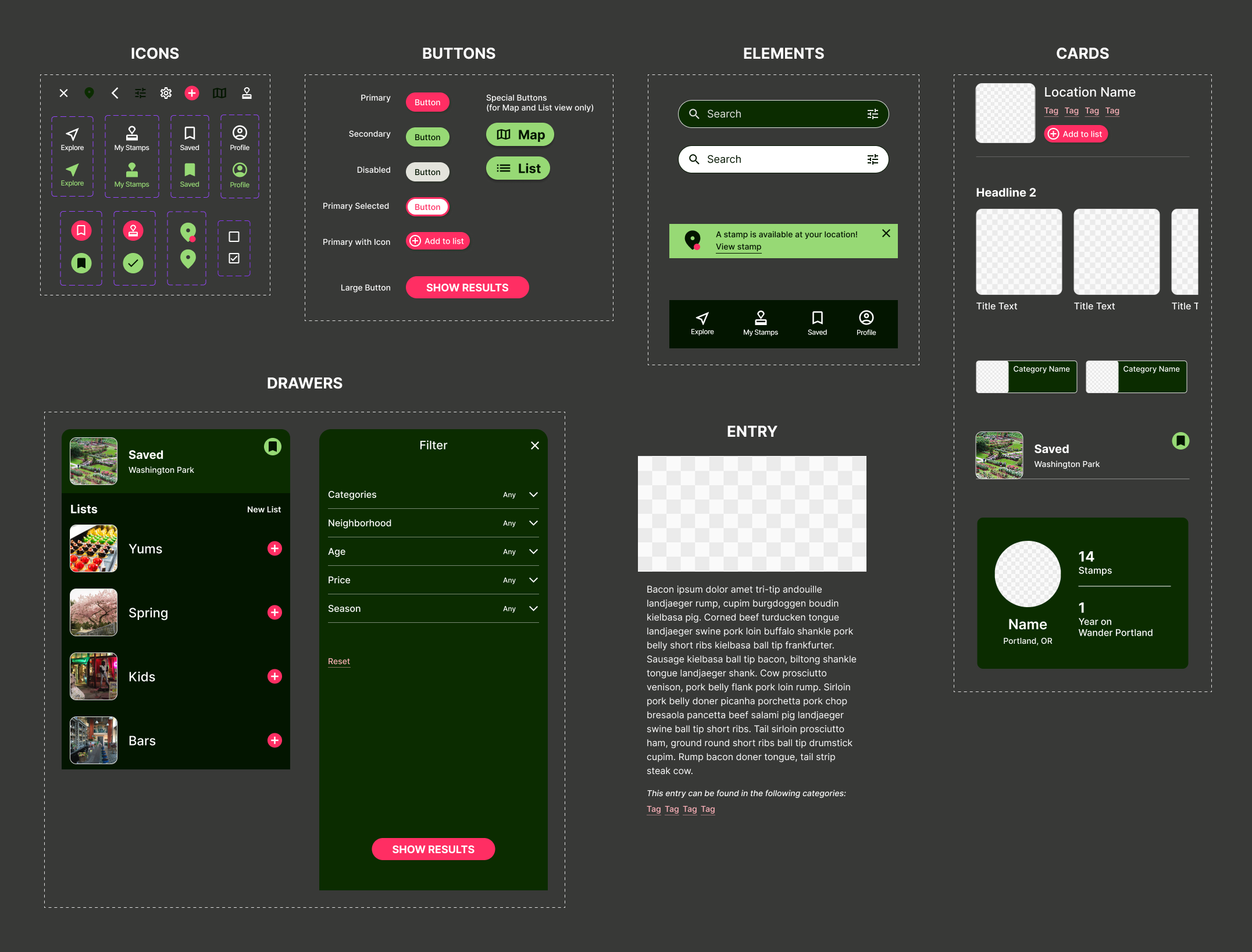 UI components created in Figma, including icons, buttons, cards, and drawers.