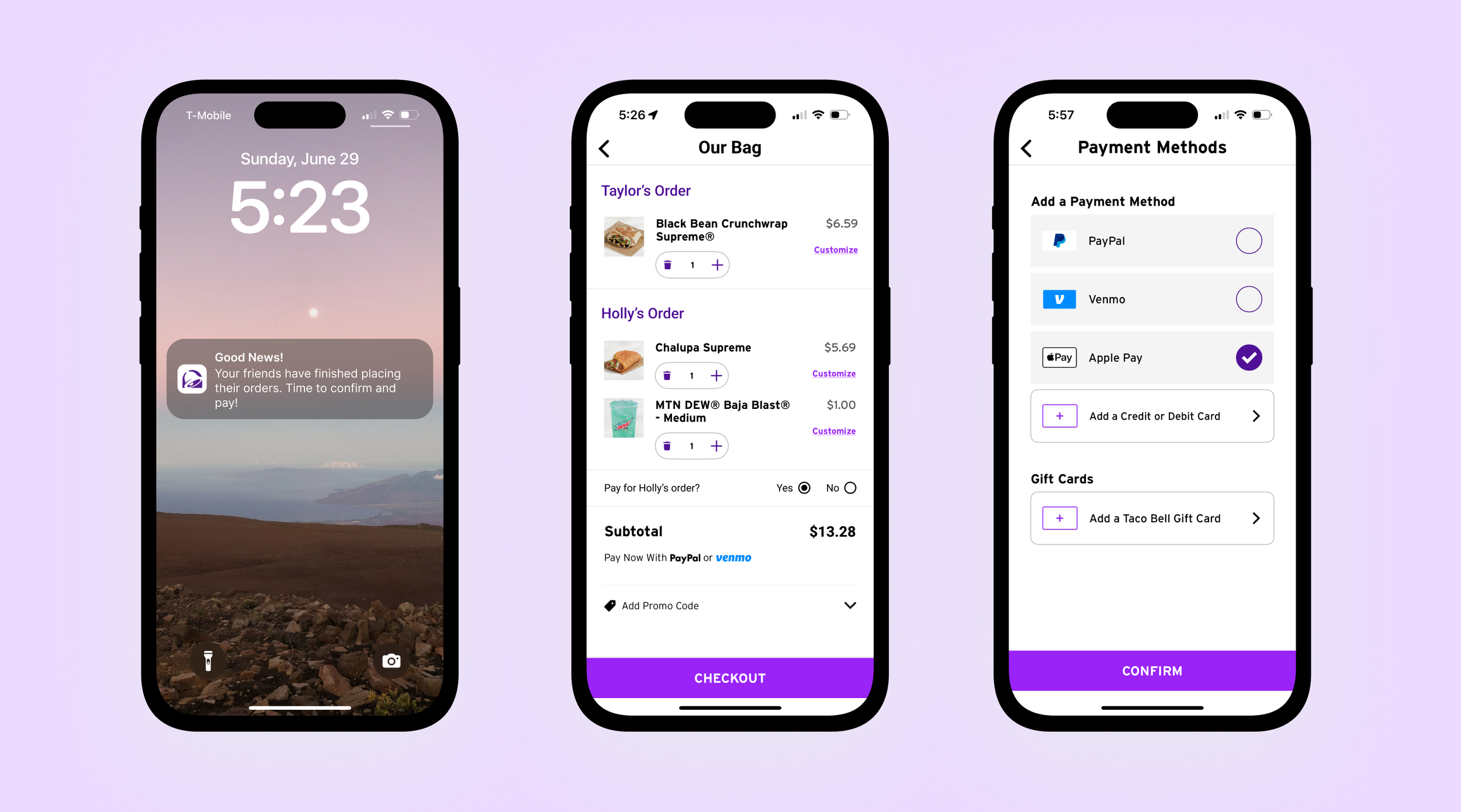 Three key screens for the first user to complete the group order transaction.