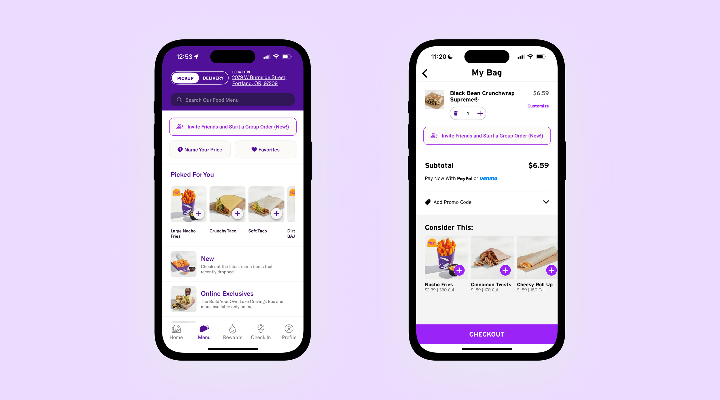 The redesigned button on two different screens: the home Menu screen and the "My Bag" screen for users to convert an individual order to a group order before checking out.