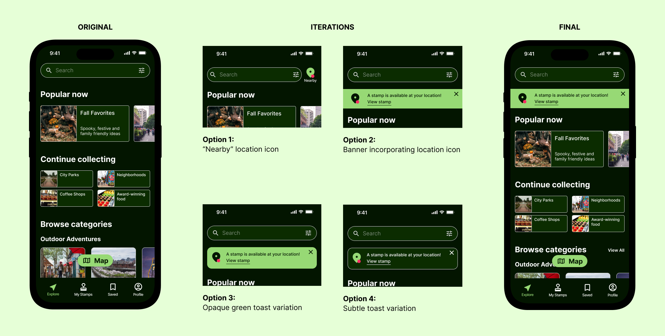 Design process for adding a notification for a nearby stamp.