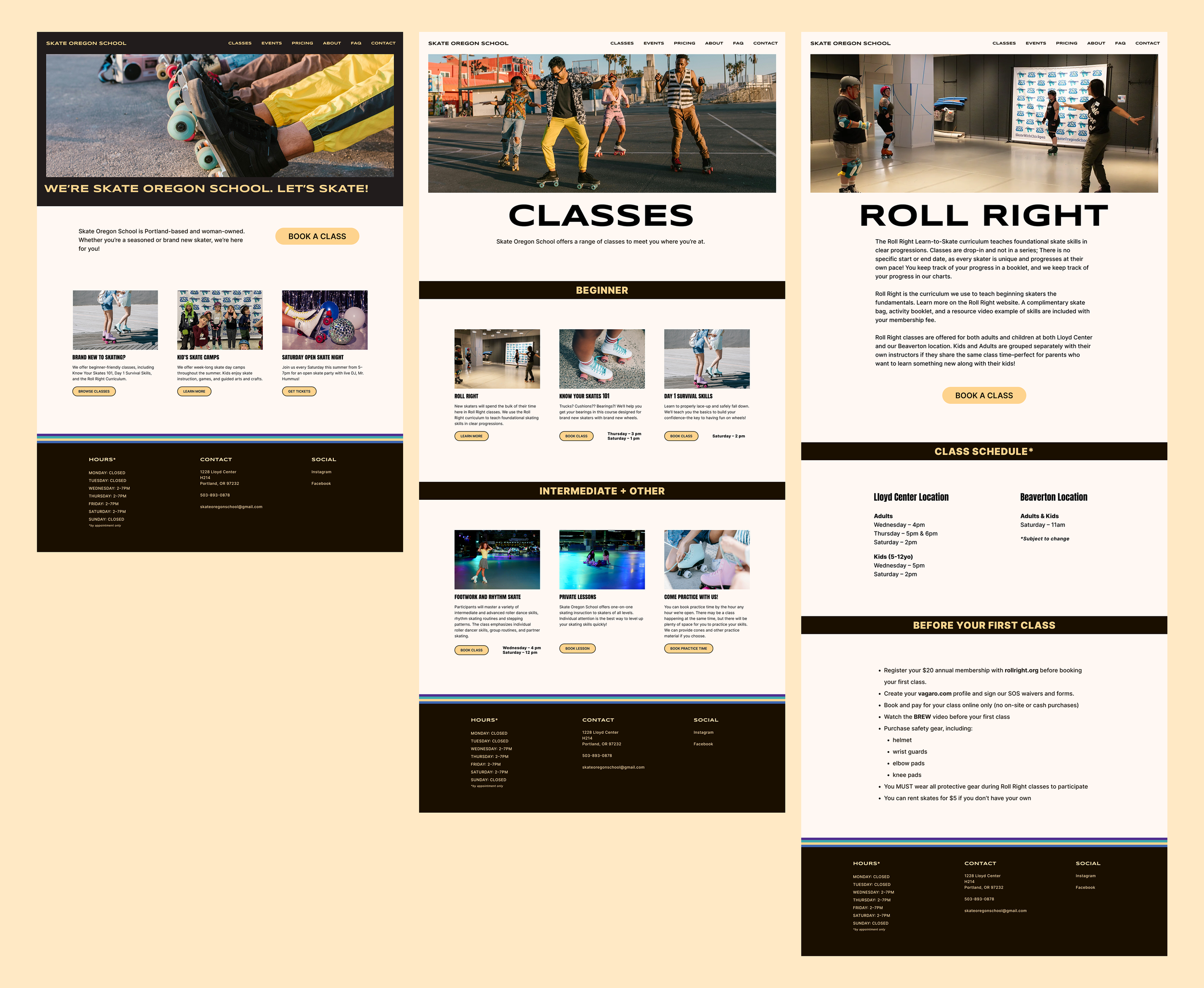 Three high-fidelity key screens for the desktop design: Home, Classes, and roll Right
