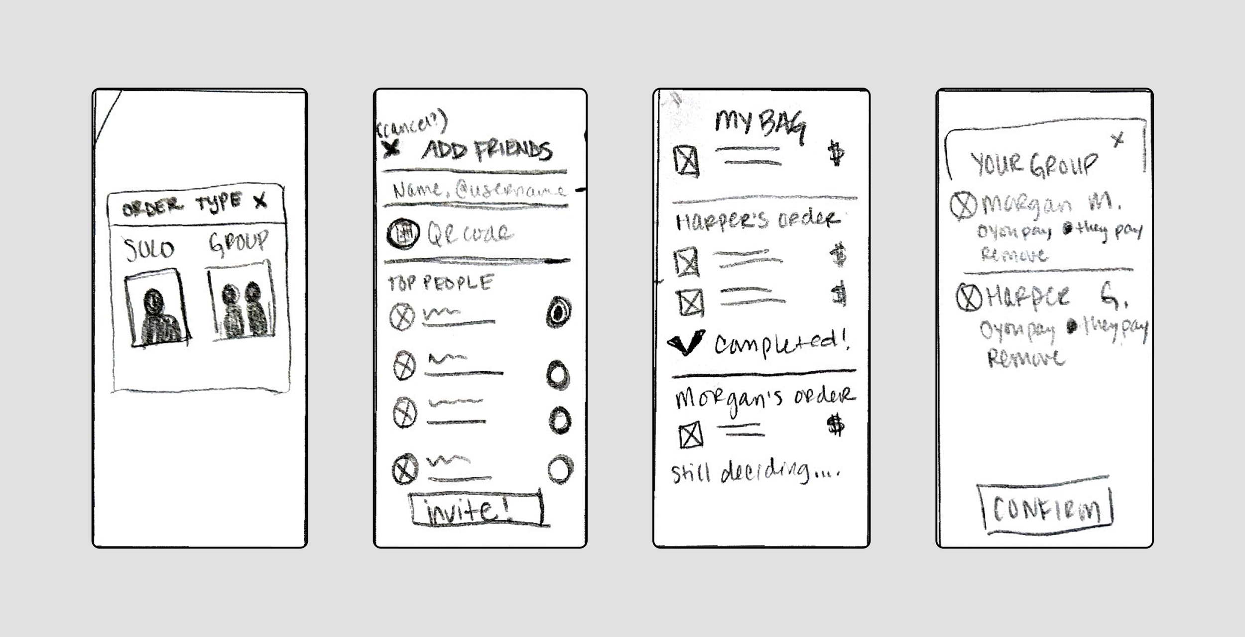 Four hand-drawn wireframe sketches