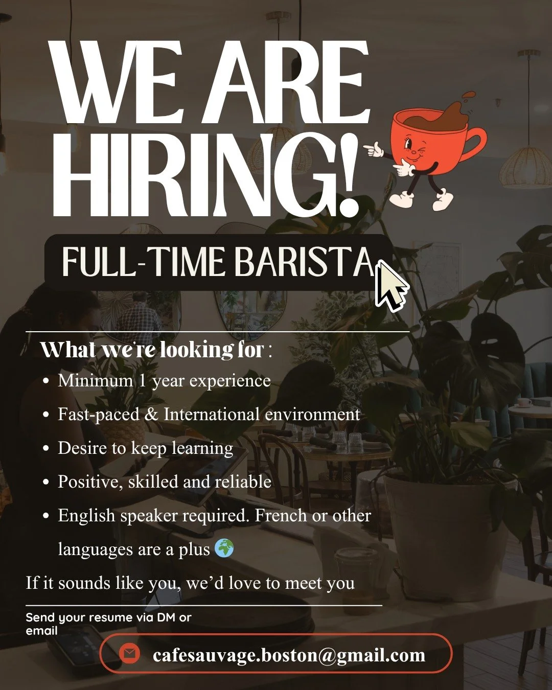☕️ WE&rsquo;RE HIRING: FULL-TIME BARISTA ☕️
Caf&eacute; Sauvage is looking for an experienced full-time barista to join our international team 🌍 Fast-paced environment, great energy, good people, and lots of coffee.
Interested?
Send us your resume +