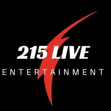 Logo for 215 Live Entertainment with a red swoosh and black background.