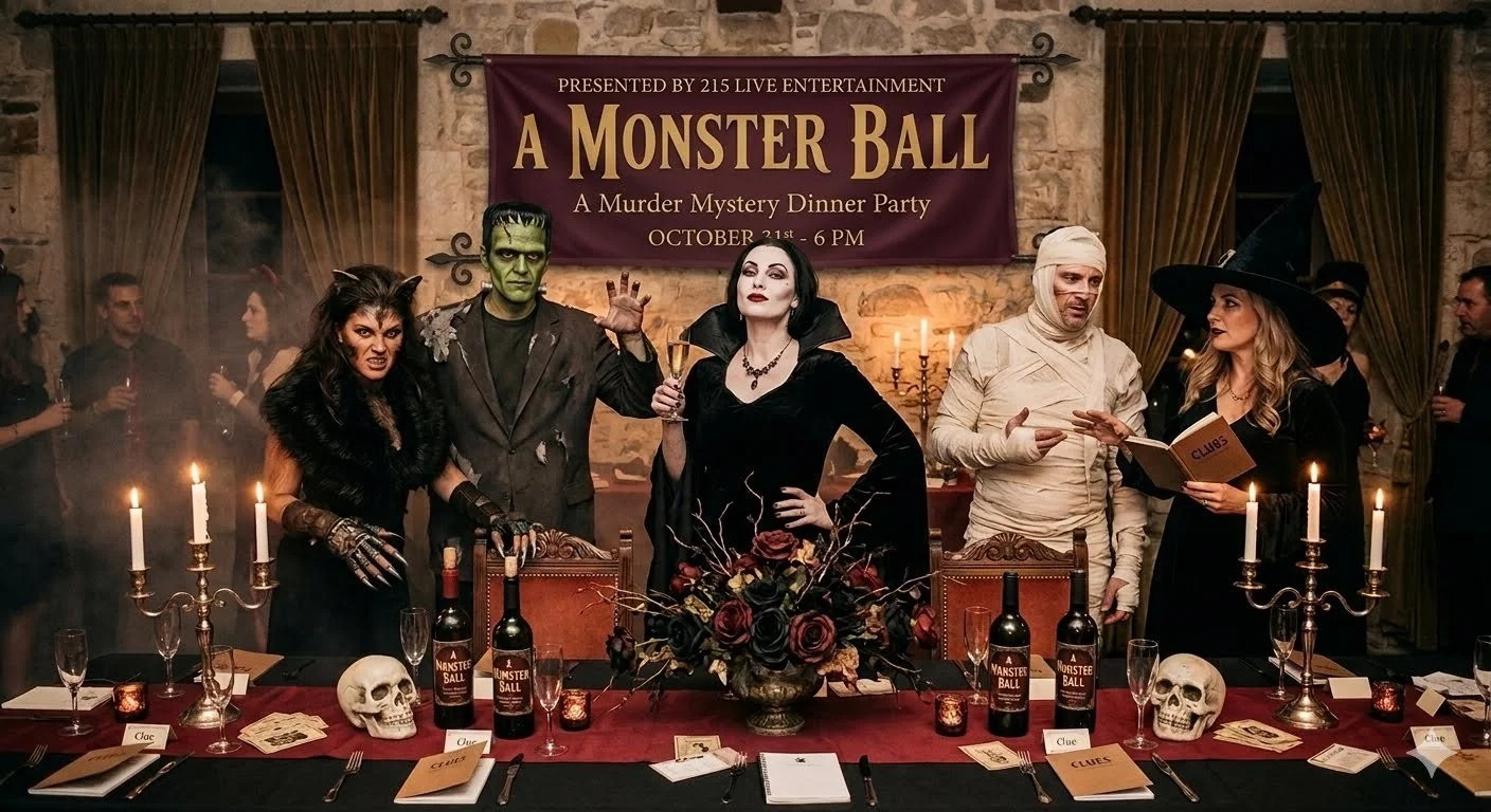 People dressed as monsters and mummies at a Halloween-themed dinner party with a decorated table, skulls, bottles, candles, and a banner reading 'A Monster Ball'