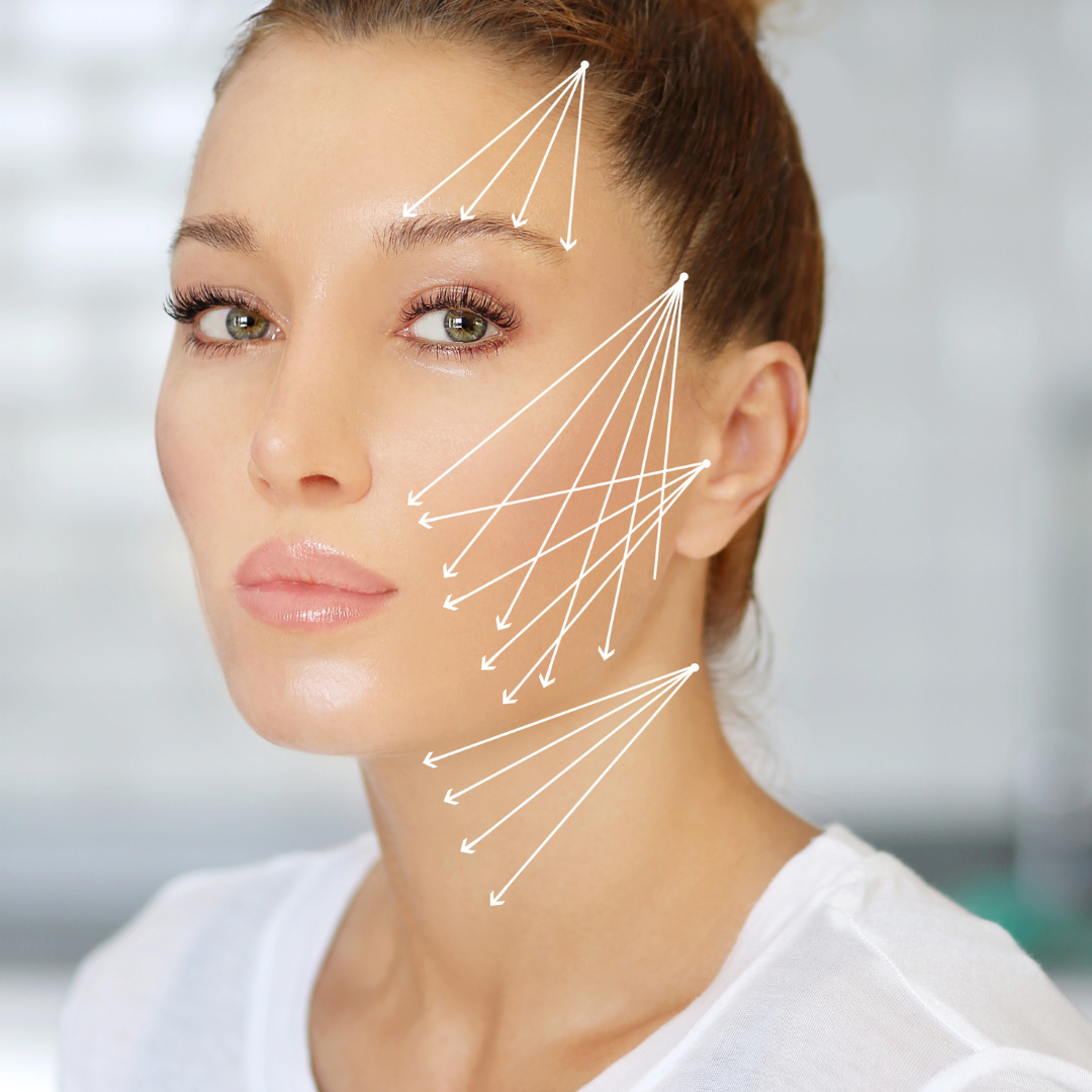 A woman with light skin and brown hair pulled back, with white lines and arrows pointing to her forehead, cheeks, and jaw, indicating different areas of facial skin.