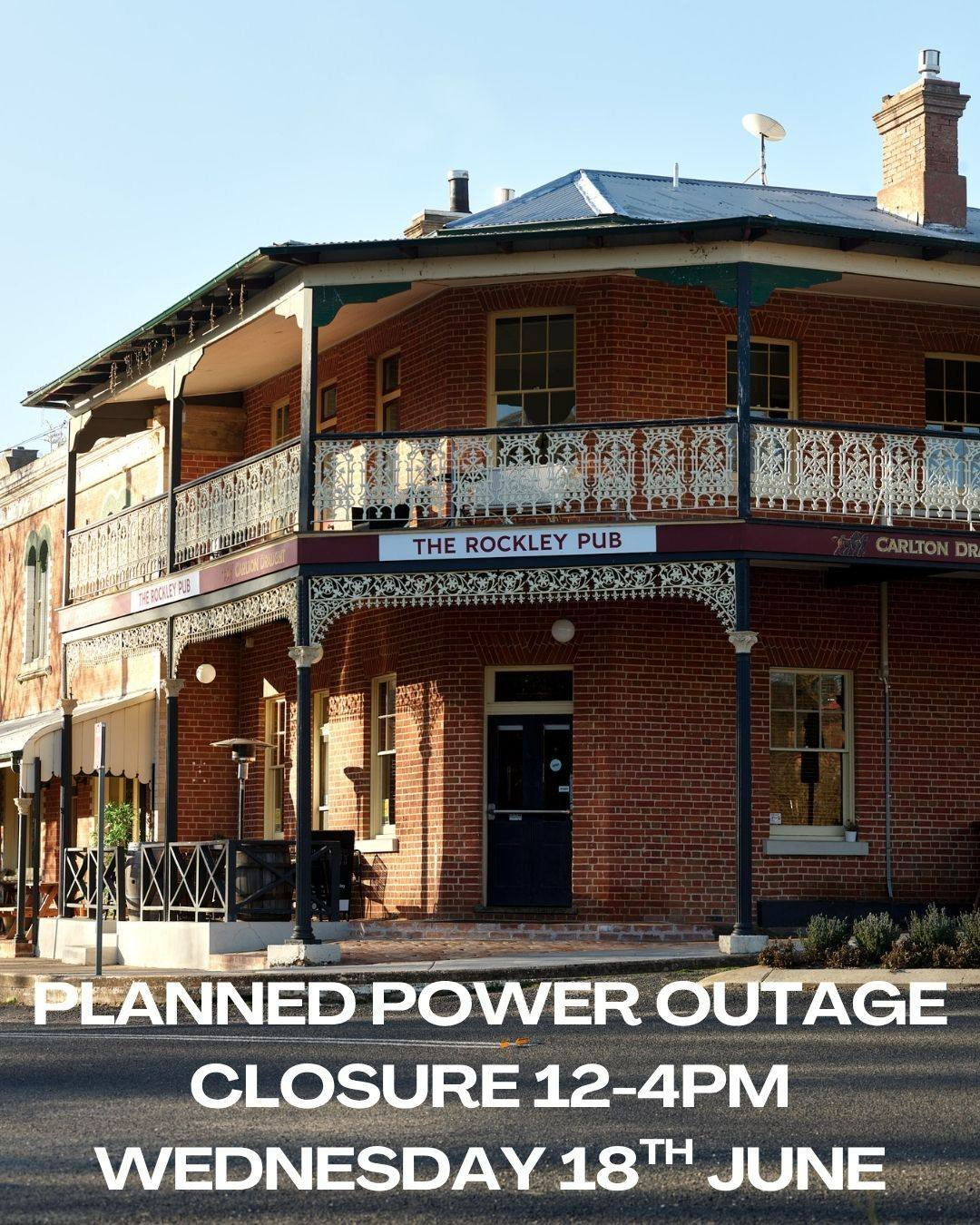 Due to a planned power outage in Rockley by Essential Energy, the pub will be closed from12pm. We&rsquo;ll reopen from 4pm with all your favourite pub classics. Thanks for your understanding &mdash; we look forward to welcoming you then! 

#therockle