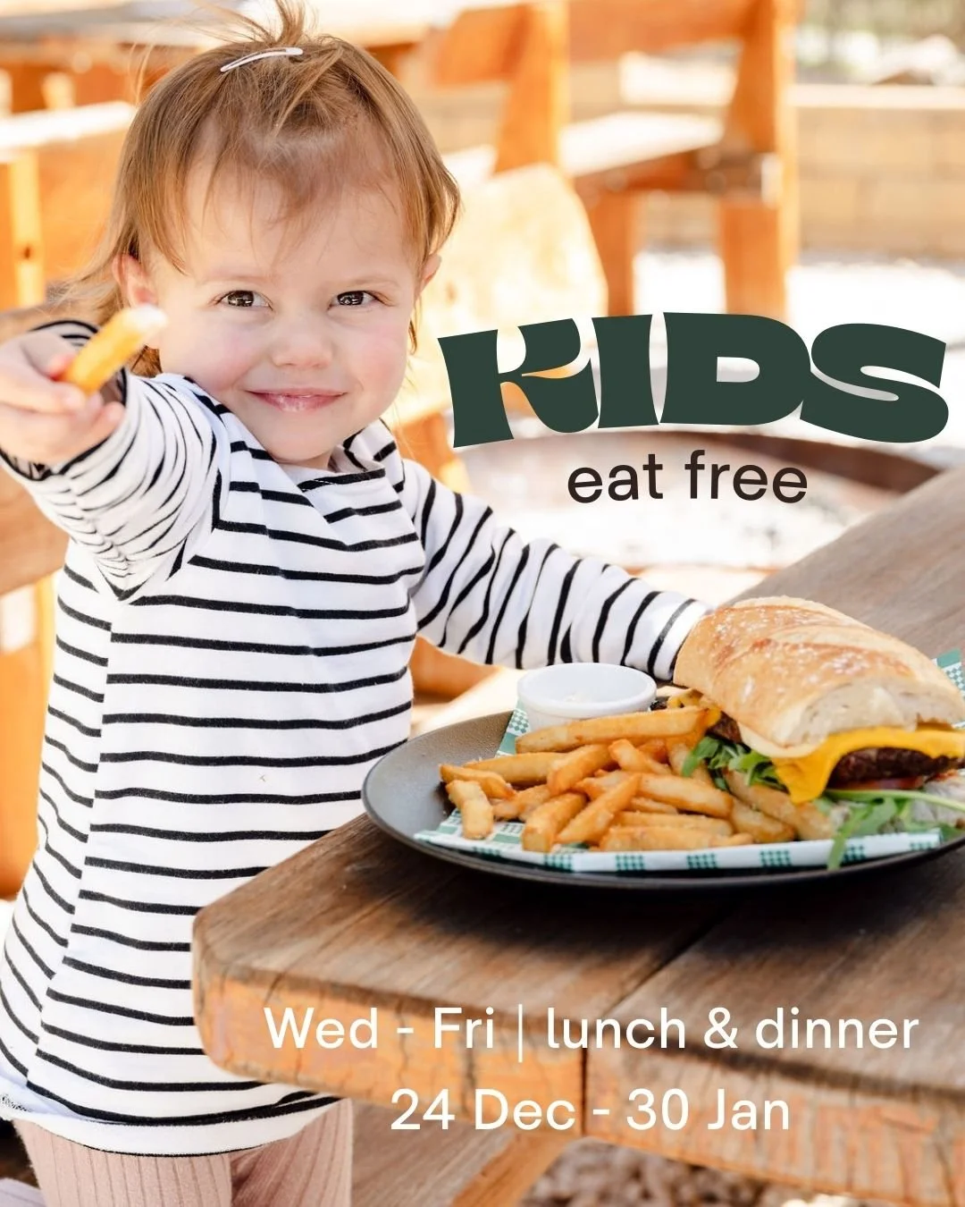 School holidays just got easier!

✨FREE end-of-year BBQ from 12pm Saturday 20 December, expect live music, face painting, raffles, BBQ specials, kids scavenger hunt and more!

🤩Kids eat free Wed&ndash;Fri (24 Dec&ndash;30 Jan) with the purchase of a