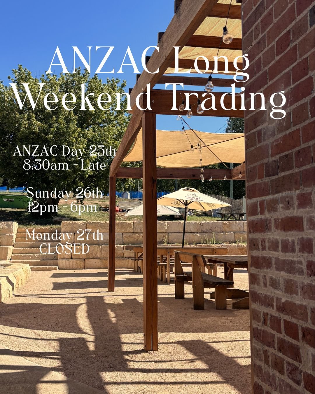 We&rsquo;ve got a jam-packed ANZAC Day lined up.

Doors open from 8:30am kicking things off with a BBQ, with all proceeds going to Legacy.

2UP from 2pm until sundown
Pit Boss Smoker Competition drawn at 2pm
Live music from 4pm with @clancy.pye 

Joi