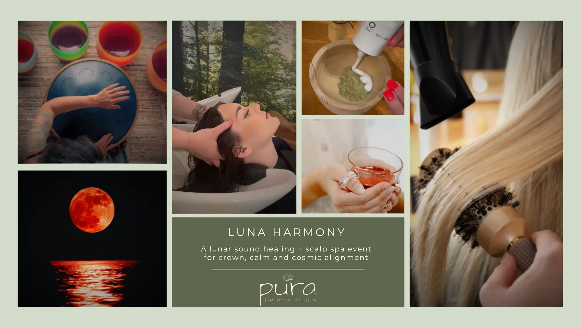 Collage of wellness and relaxation activities, including singing bowls, forest scenery, scalp massage, herbal supplements, moonrise reflection, herbal tea, and hair care.