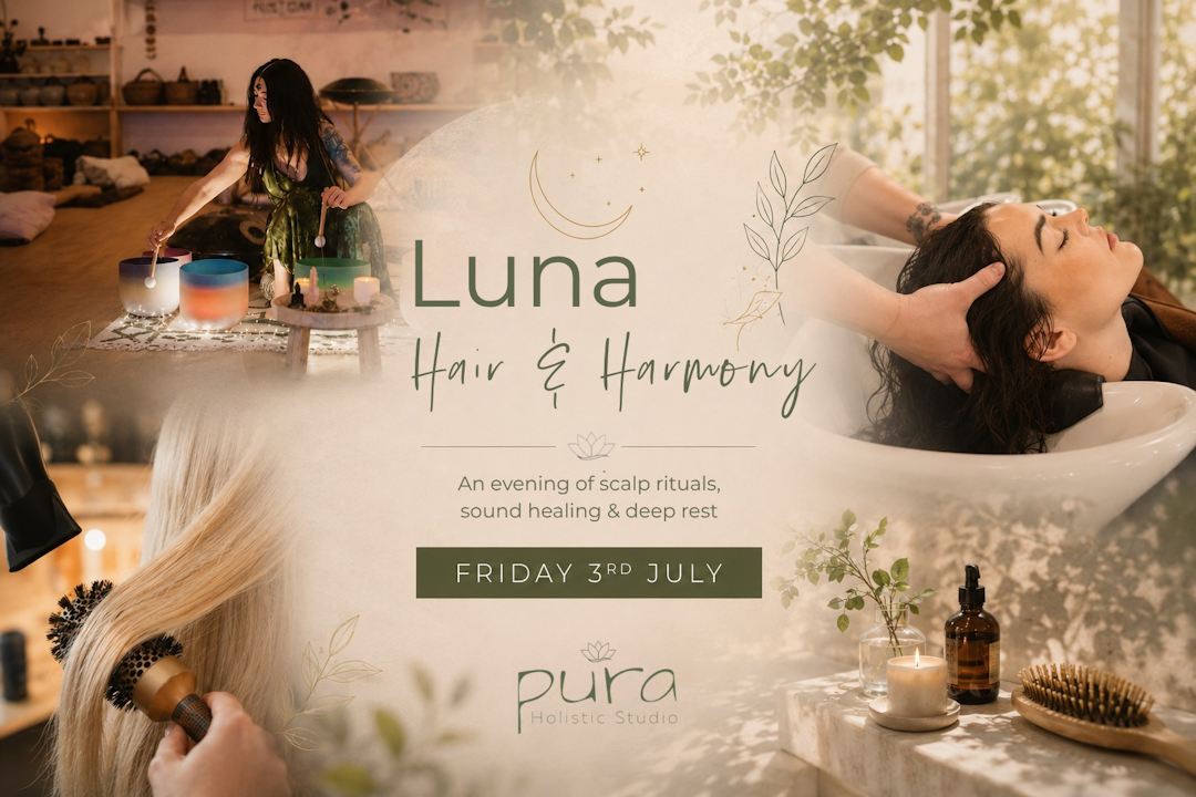 A promotional flyer for Luna Hair & Harmony, featuring images of scalp rituals, sound healing, and deep relaxation, with a woman receiving a scalp massage and another playing crystal bowls, decorated with candles, plants, and soft lighting.