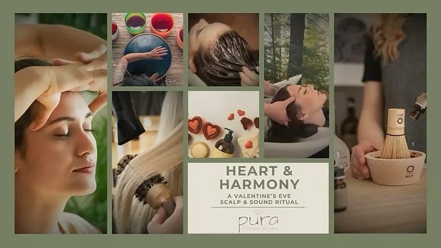 Collage of wellness and relaxation activities, including singing bowls, forest scenery, scalp massage, herbal supplements, moonrise reflection, herbal tea, and hair care.
