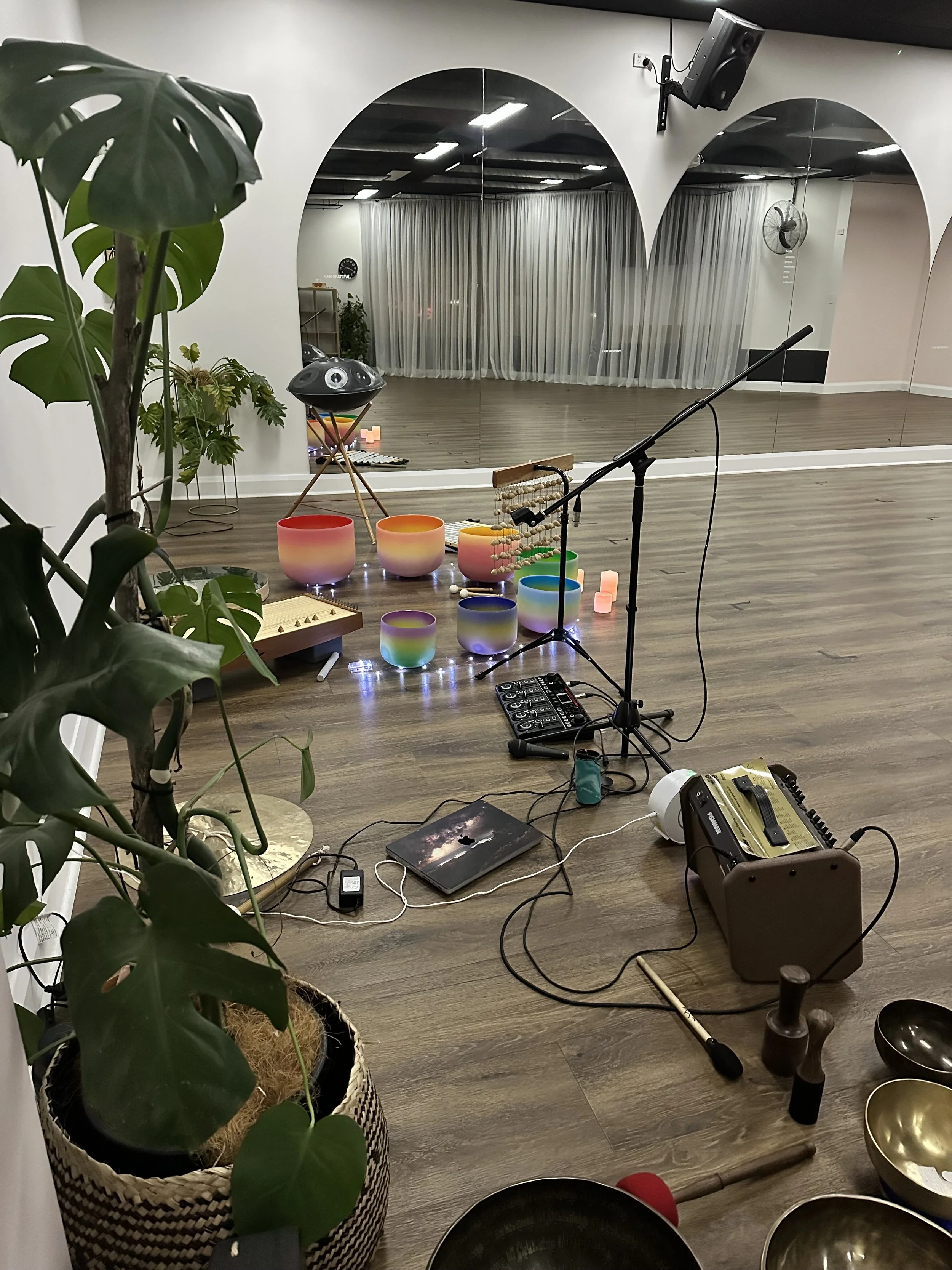 A dance or yoga studio with wooden floors, a large mirror on the wall, and various musical instruments, singing bowls, and meditation tools arranged for a performance or class. There is a microphone stand and sound equipment, with a large green plant in the foreground.