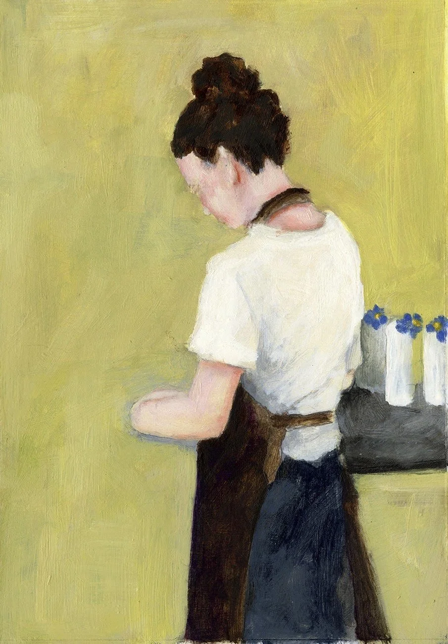 Coffee Girl with Blue Flowers 8 3/4" x 6" 
