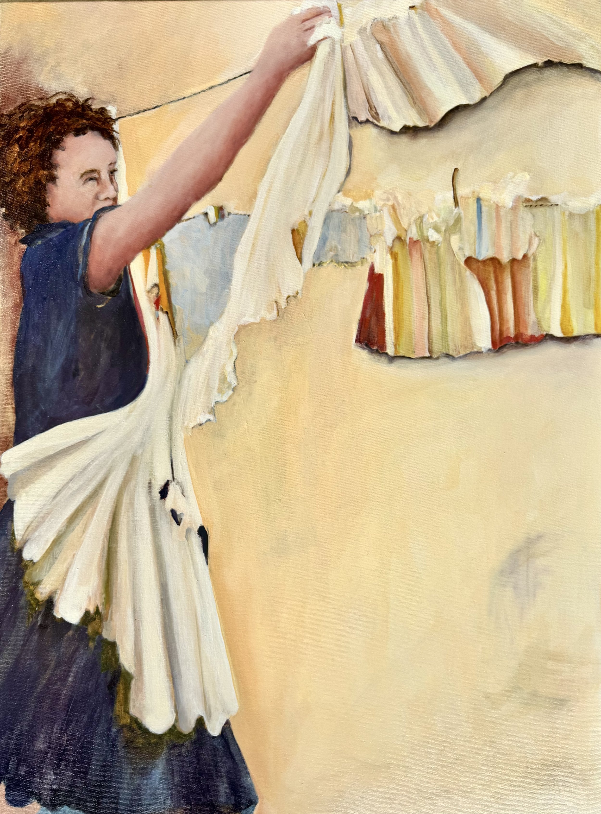 Laundry Line Series: Small Things Hung Against a Wall 40” X 30” oil on canvas