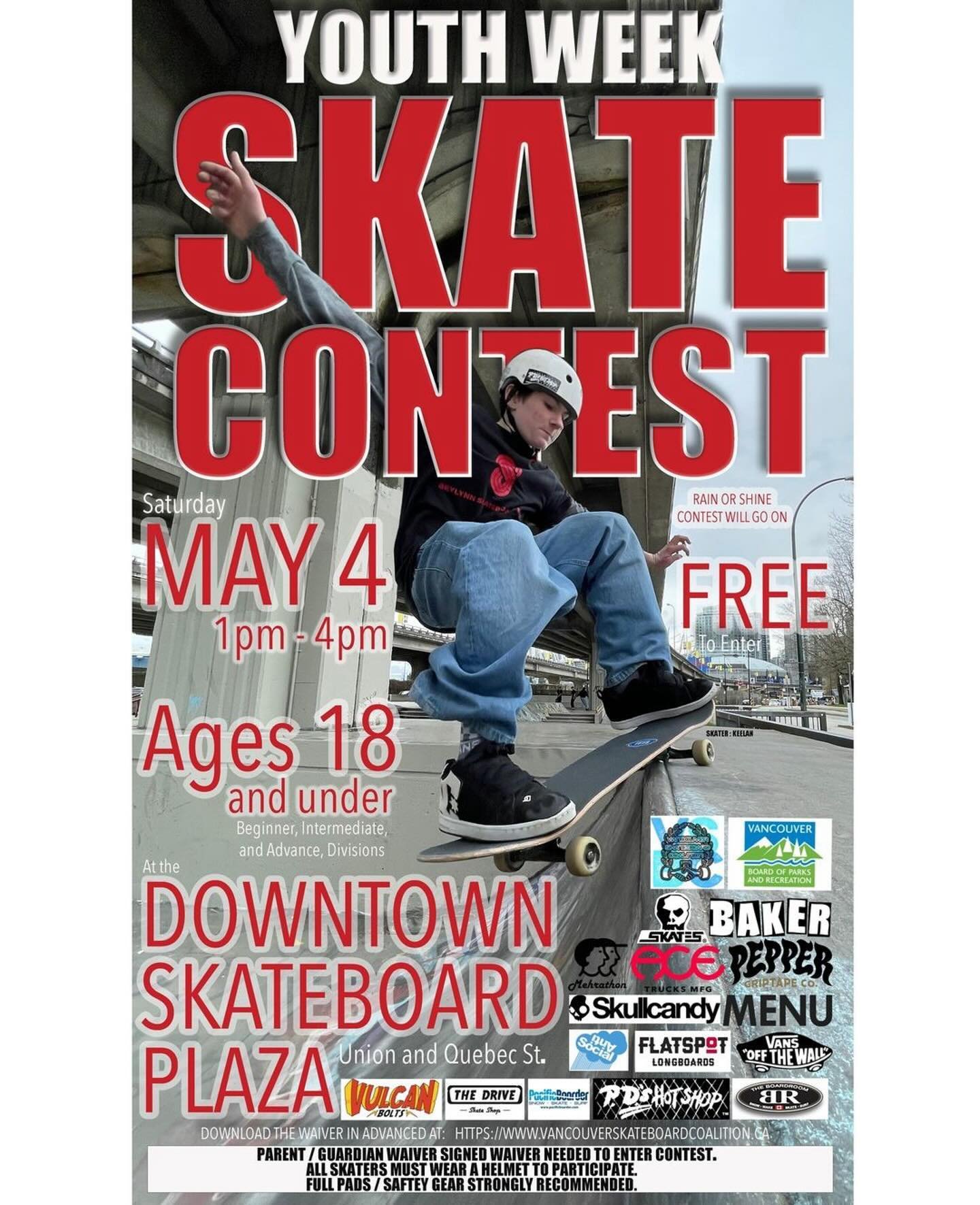 We are sponsoring the 14th annual Youth Week Skate Contest in partnership with @vanparkboard at @thevancouverskateplaza on Saturday May 4th from 1pm to 4pm.

All people under 18 of all abilities are welcome. We will have categories for beginner, inte