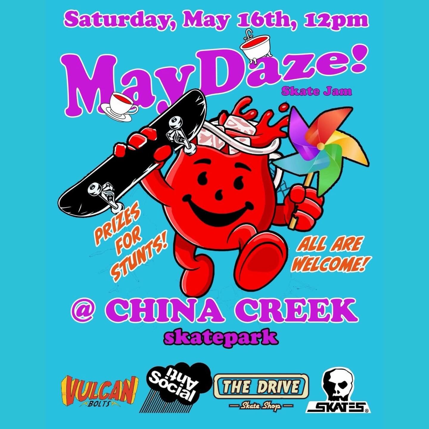 Proud to support #maydaze2026 at #chinacreekskatepark This May 16th. 

Prizes for tricks. All are welcome!

See you there!