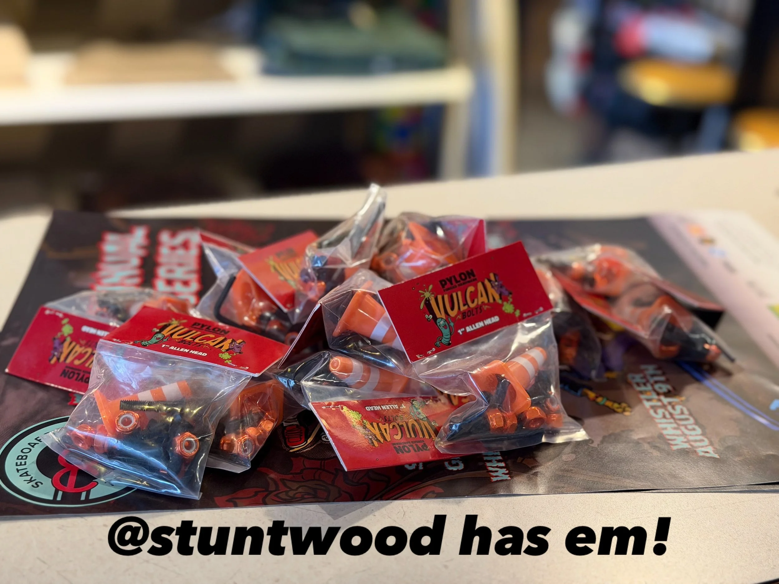 Stuntwood is stocked with the new @pylonskateboards x @vulcanbolts collab. 

#vulcanbolts #weworkeditout