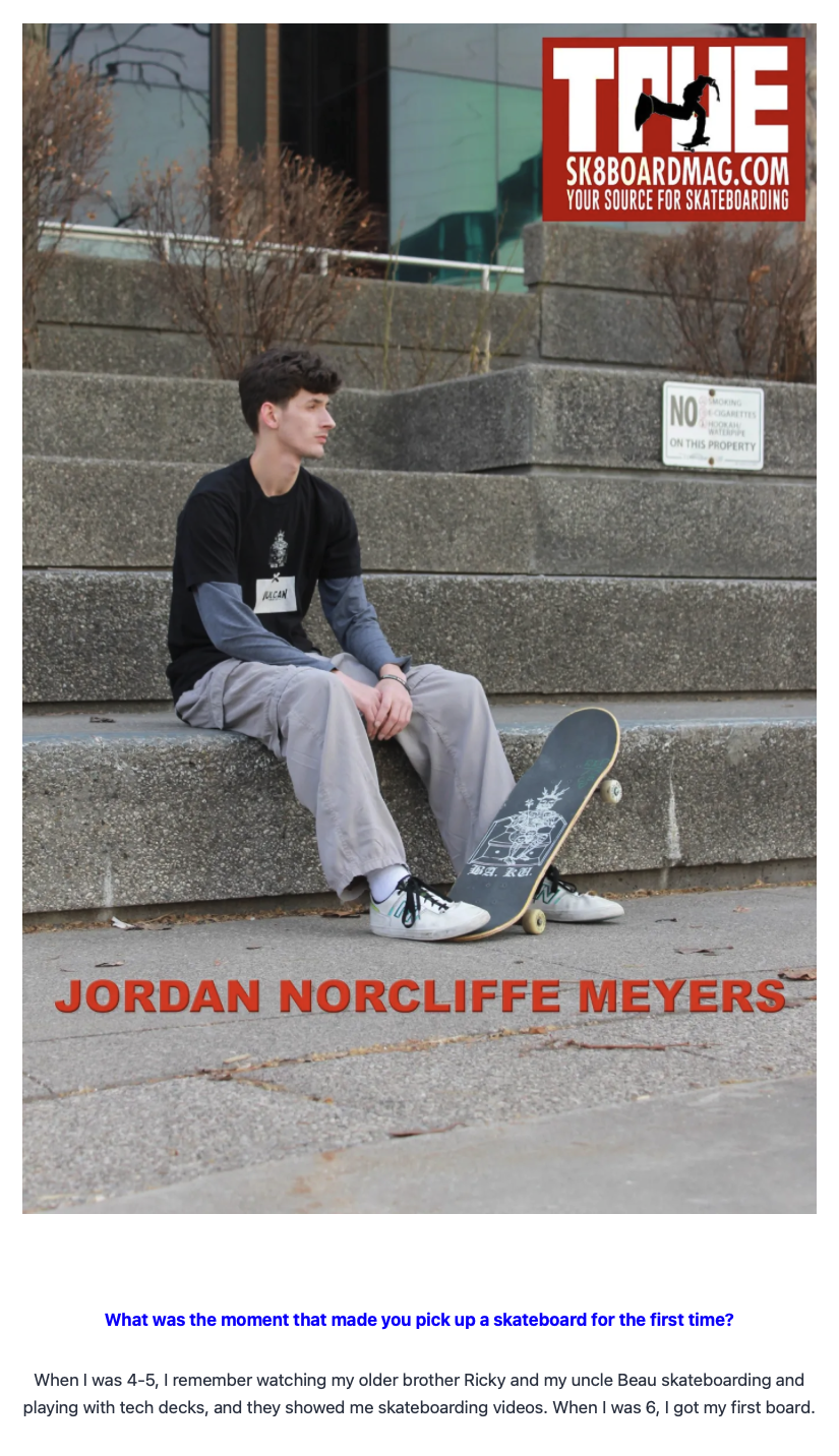 Jordan Meyers sitting on steps with his skateboard. Wearing a BAKU x Vulcan Bolts shirt.