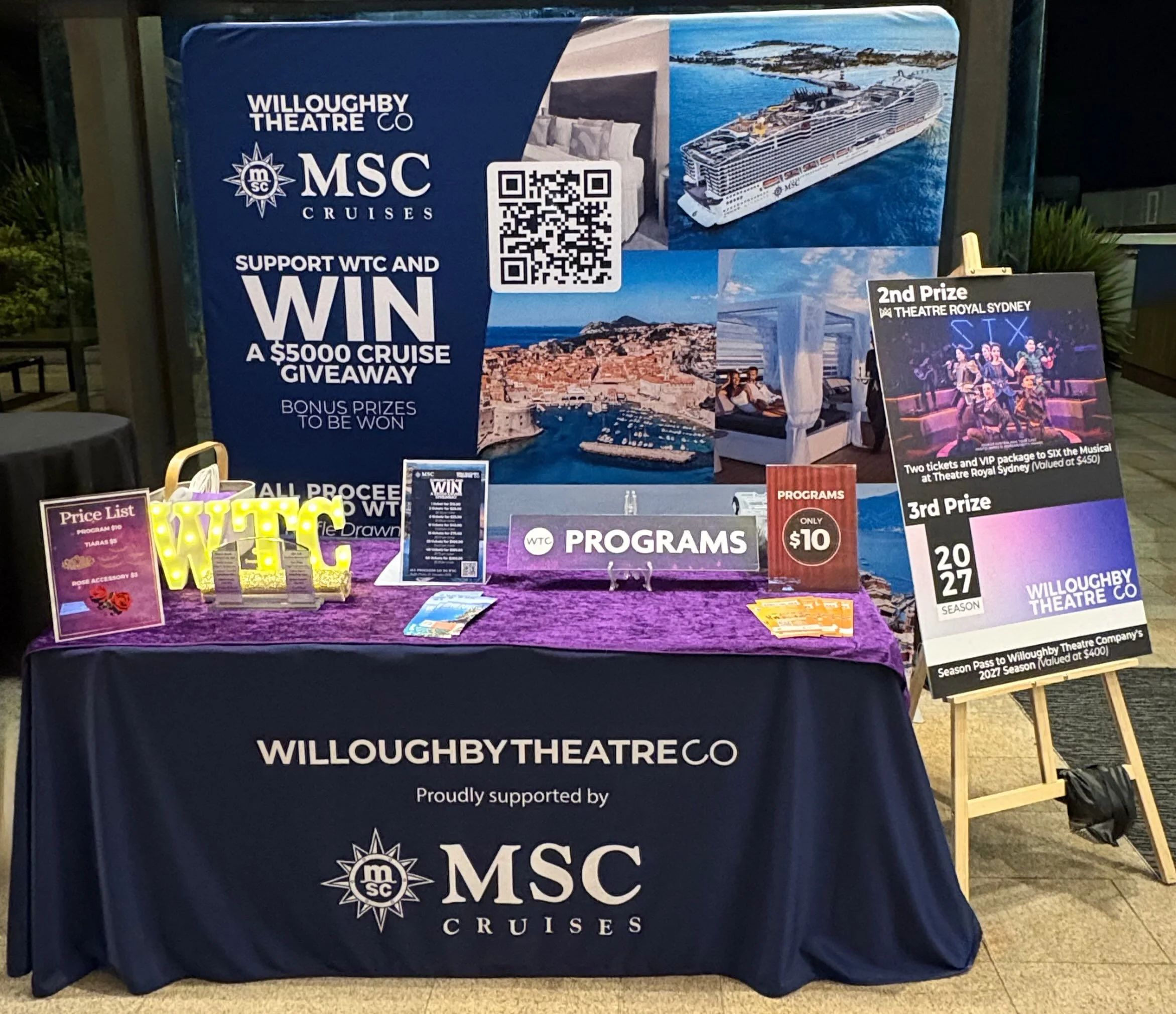 For @willoughbytheatreco we created promotional event signage designed to capture attention, guide audiences and drive ticket sales. 
We produced a range of assets including pull up banners, show programs, a raffle table for MSC and lift signage. Del
