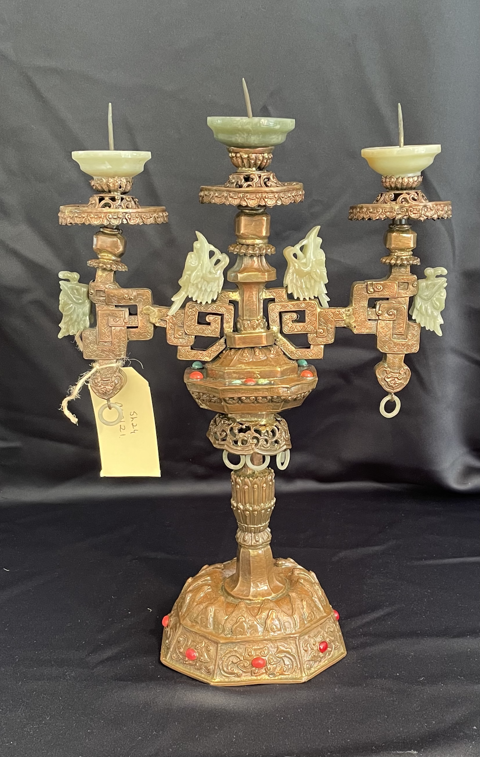 19th C (Qing) Copper and Jade encrusted with red coral and turquoise Candelabra - Jade Engraved Dragons