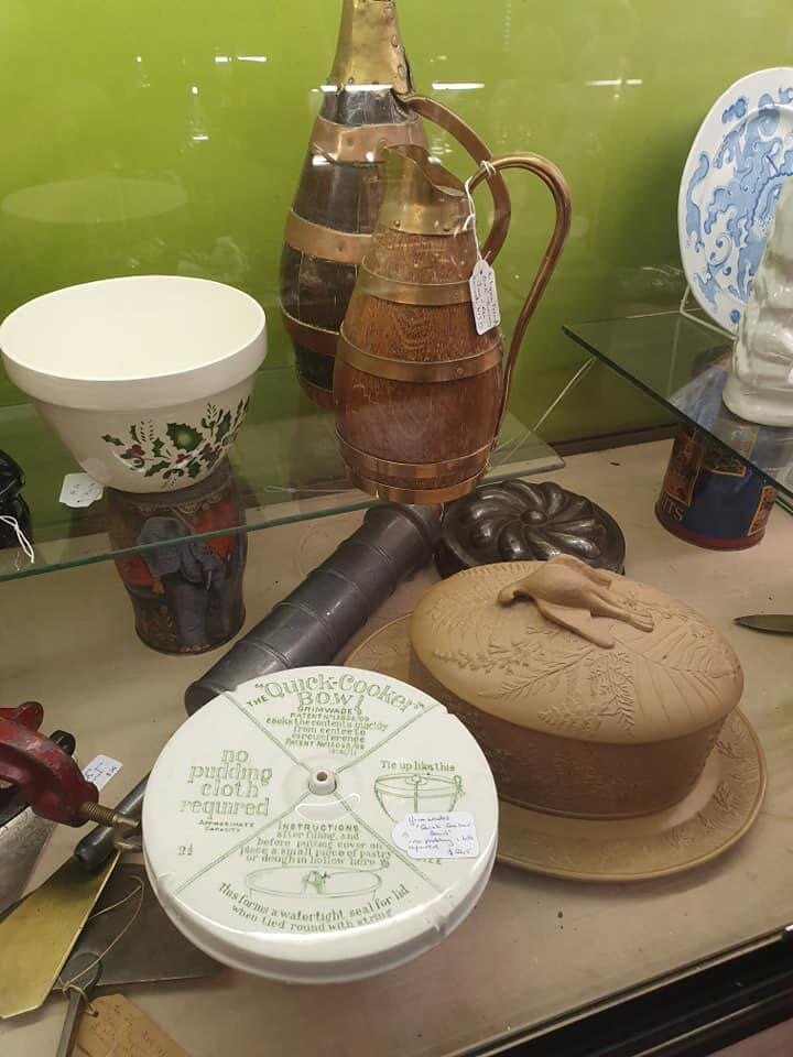 Pudding Bowls and Ceramic Terrine with French Wooden Jugs
