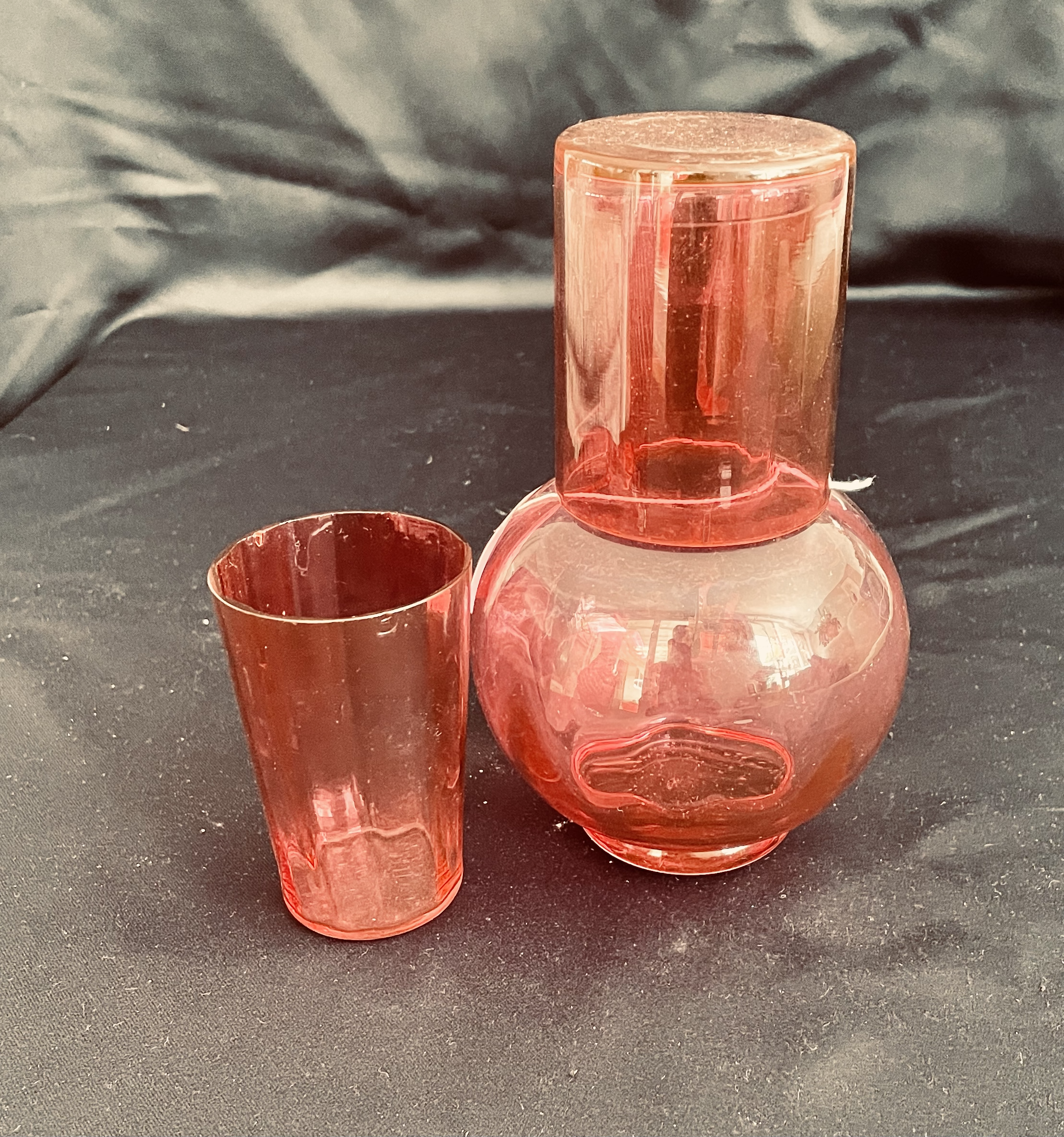 Late Victorian Cranberry Glass- Night Carafe and Glass with an Additional Glass