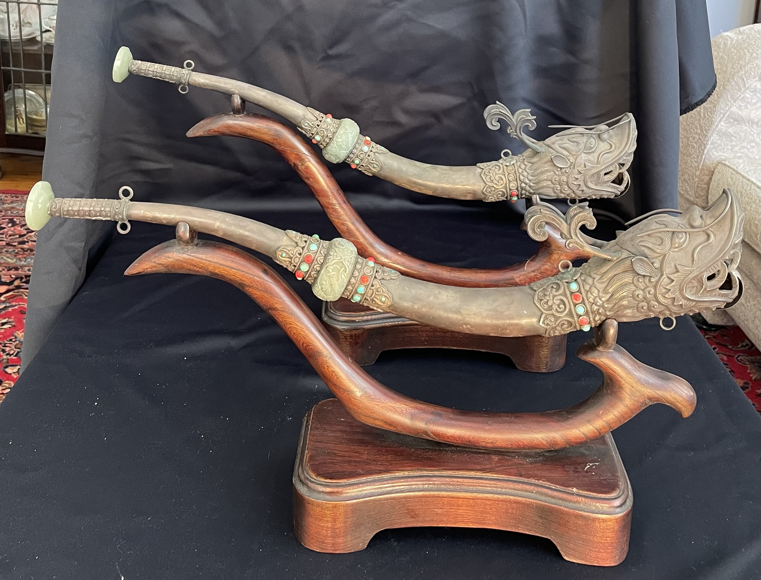 Pair of Tibetan Silver and Jade Temple Dragon Horns with Inlaid Coral and Turquoise Beads on a Custom made Rosewood Stand (Late Qing Period)