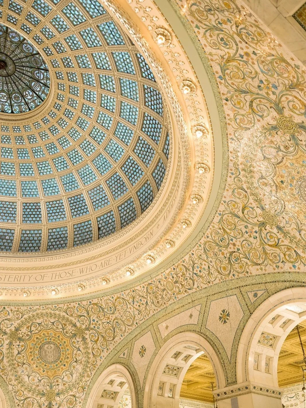 The ornate domed ceiling at the Chicago Cultural Center