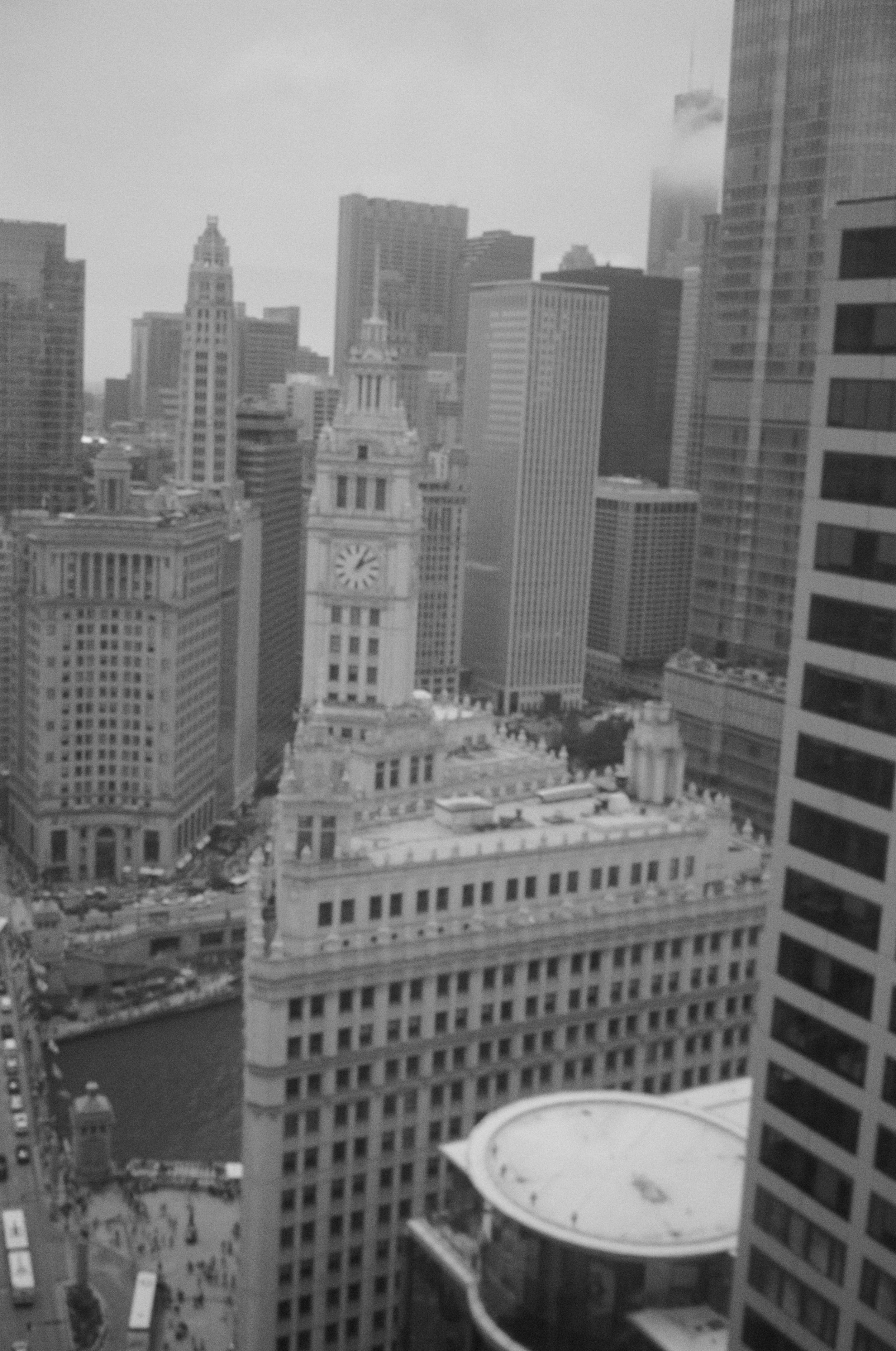 Black and white view of the Chicago skyline and Wrigley Building from the getting ready suite