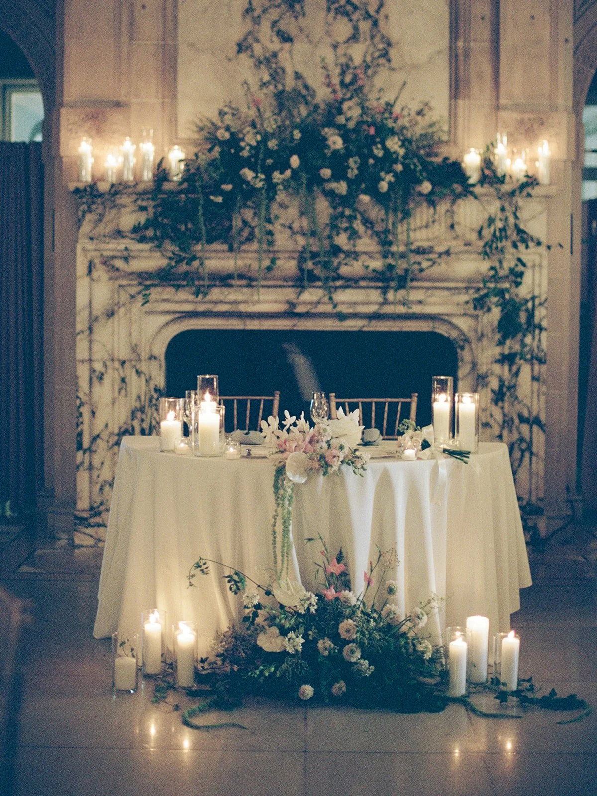 35mm film detail photograph of a sweetheart table at Armour House in Lake Forest, Illinois, captured by Chicago film wedding photographer Louie Abellera.