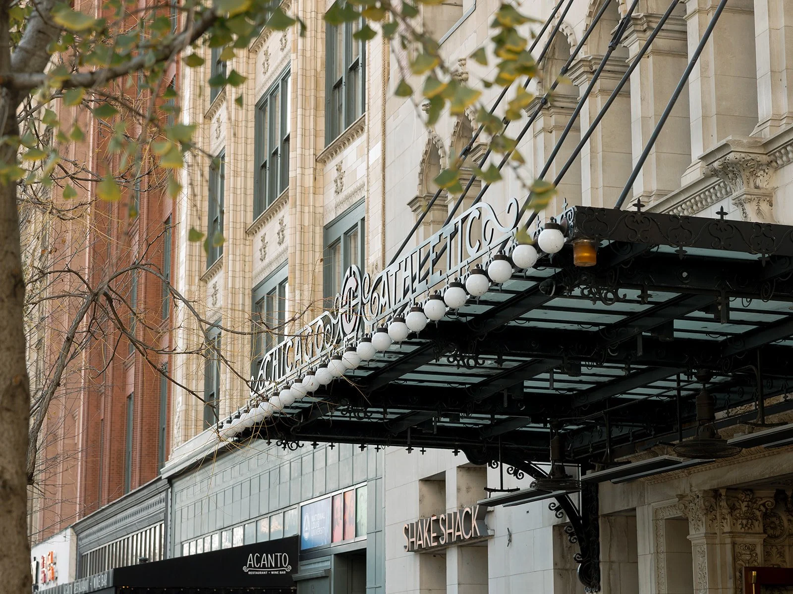 The historic entrance sign of the Chicago Athletic Association, an iconic hotel and venue. Shot on film by a Chicago wedding photographer.