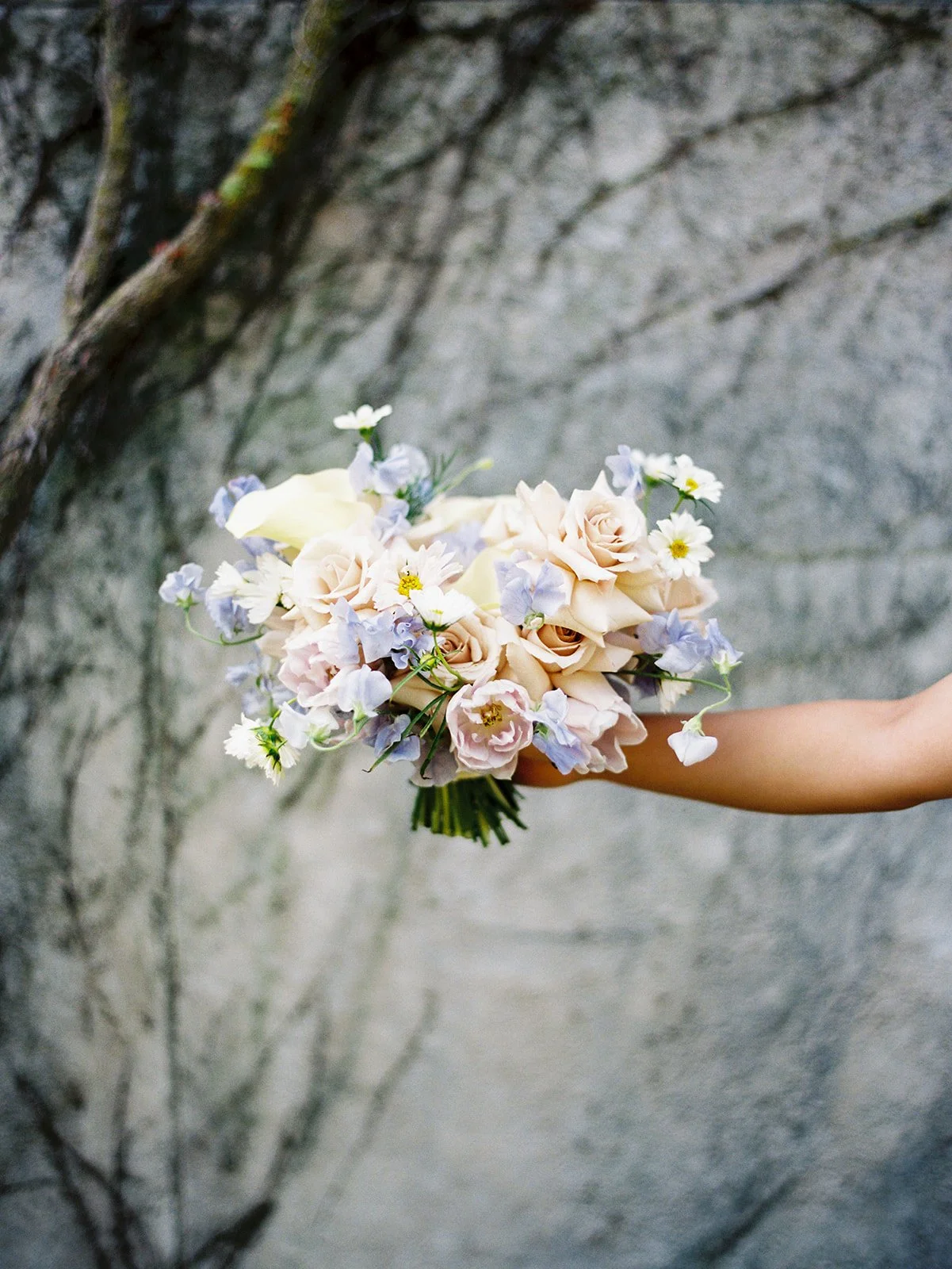 Medium format film detail of a bridal bouquet with blush roses, blue delphinium, and wildflowers at Loyola's Madonna della Strada Chapel, photographed by Chicago film wedding photographer Louie Abellera.